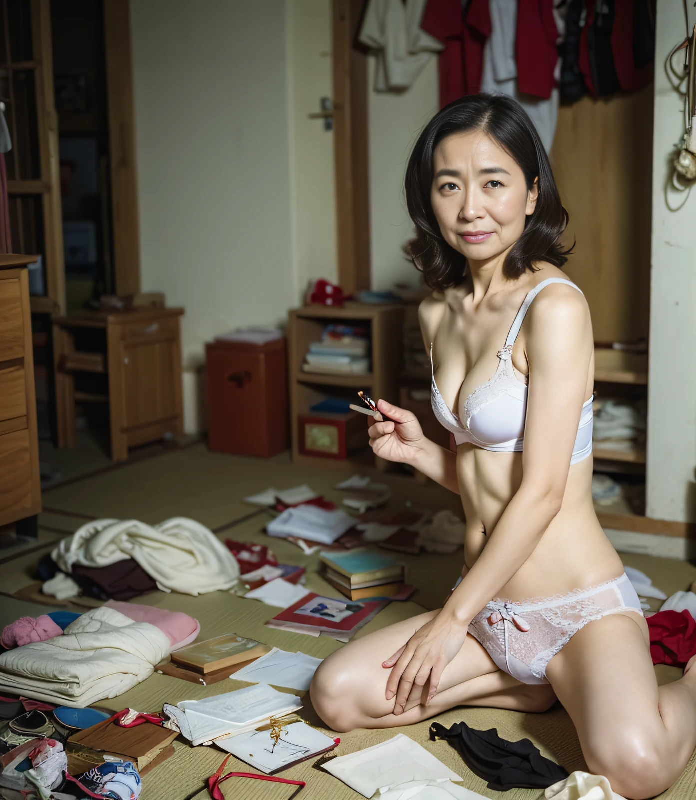 ((top-quality、8K分辨率、Master masterpiece、Portrait:1.3)), Photorealsitic, 35㎜ film, 1 Japan Woman, Beautie, 47 years old, Wavy Hair, Wrinkles at the corners of the eyes, Plump body, ((bra very、panties on :1.5)) , (Lots of Japan dolls: 1.3), a very messy room,  The floor is scattered, Jumbled background, Old house