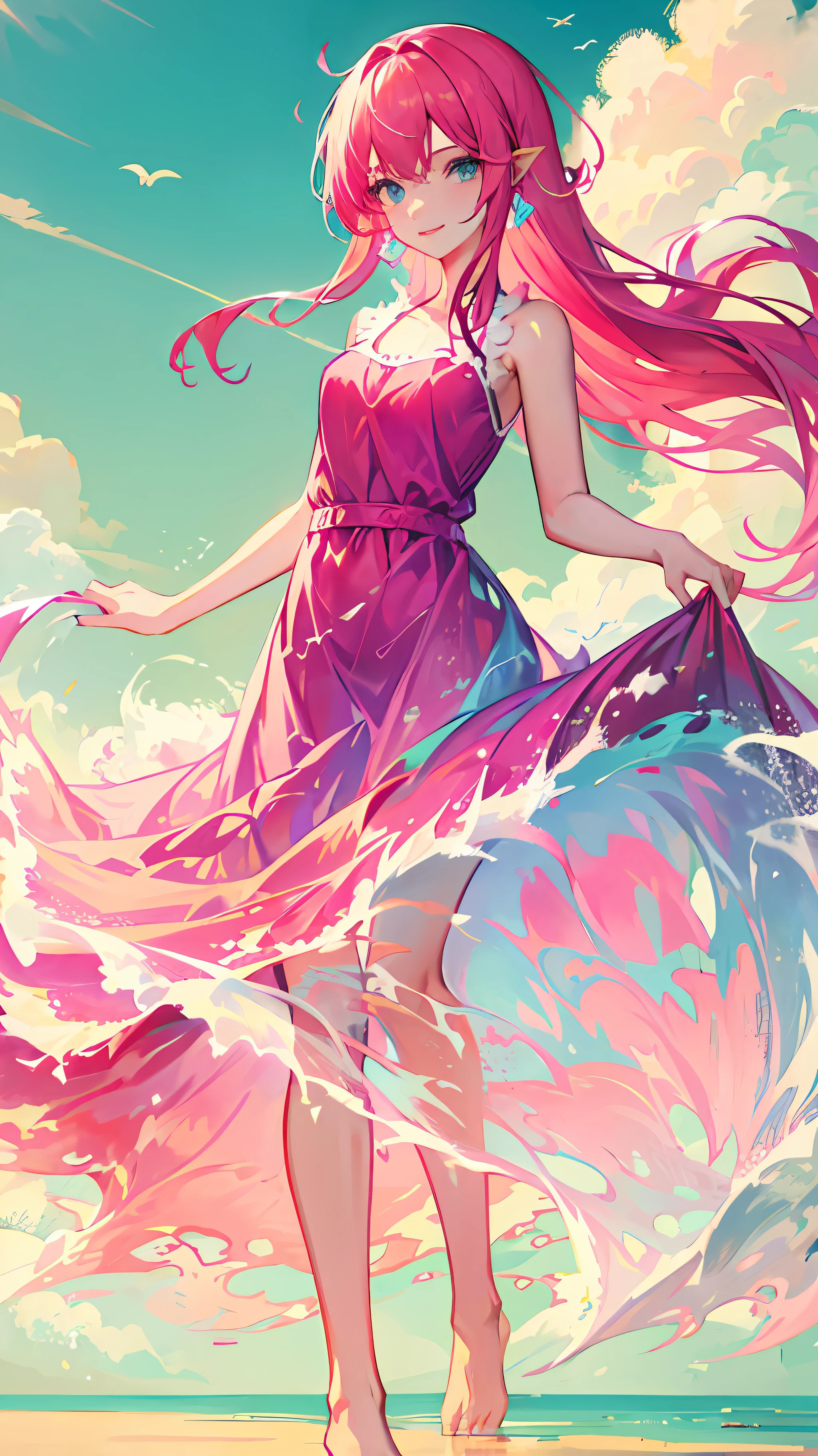 liquid clothes, 1girl, solo, long hair, pink long dress, barefoot, pink hair, blue eyes, cloud, very long hair, cat earings, sky print, pink dress, standing, sleeveless, looking at viewer, smile,