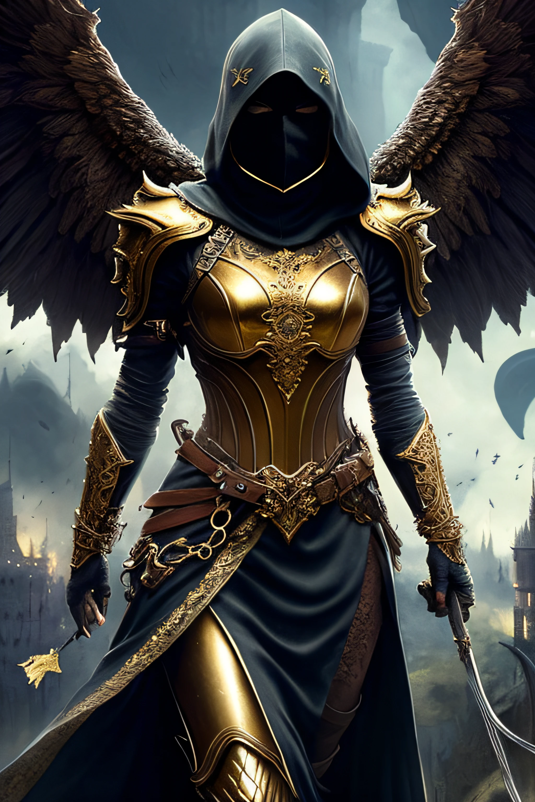 full body: 1.6, walking pose, slow motion, (rogue thief: 1.2) woman, multi-layered sewn, (dark gold armor, many details in armor), (intricately patterned cloth: 1.2), (insanely detailed, flowering: 1.5), (top quality, Alessandro Casagrande,
Greg Rutkowski, Sally Mann, concept art, 4k),, (high sharpness), (detailed pupils:1.1), (painting:1.1), (digital painting:1.1), detailed face, eyes and body, masterpiece, best quality, (highly detailed photo:1.1), 8k, photorealistic, (long curvy hair, ecstasy:1.1), (young woman:1.1), by Jeremy Mann, by Sandra Chevrier, by Maciej Kuciara, sharp, (perfect body:1.1), realistic, real shadow,   3d, (background of the castle of Europe:1.2), (by Michelangelo), angel of death, innocent, eyes, diadem, angel wings, black clothes, whole body, arms behind the back, sky, halo, post-apocalypse,
