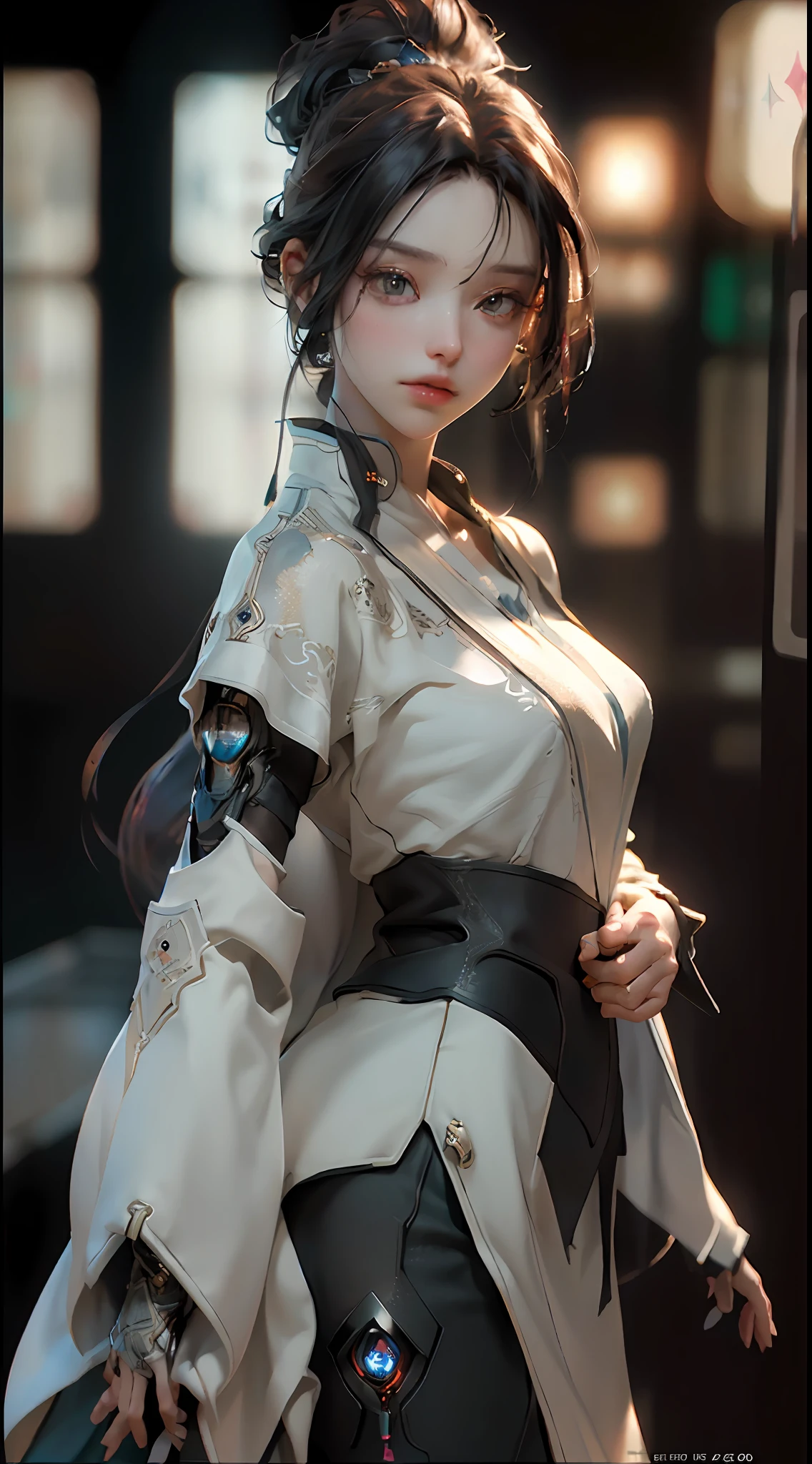 ((Best quality)), ((masterpiece)), (detailed:1.4), 3D, an image of a beautiful cyberpunk female,HDR (High Dynamic Range),Ray Tracing,NVIDIA RTX,Super-Resolution,Unreal 5,Subsurface scattering,PBR Texturing,Post-processing,Anisotropic Filtering,Depth-of-field,Maximum clarity and sharpness,Multi-layered textures,Albedo and Specular maps,Surface shading,Accurate simulation of light-material interaction,Perfect proportions,Octane Render,Two-tone lighting,Wide aperture,Low ISO,White balance,Rule of thirds,8K RAW,