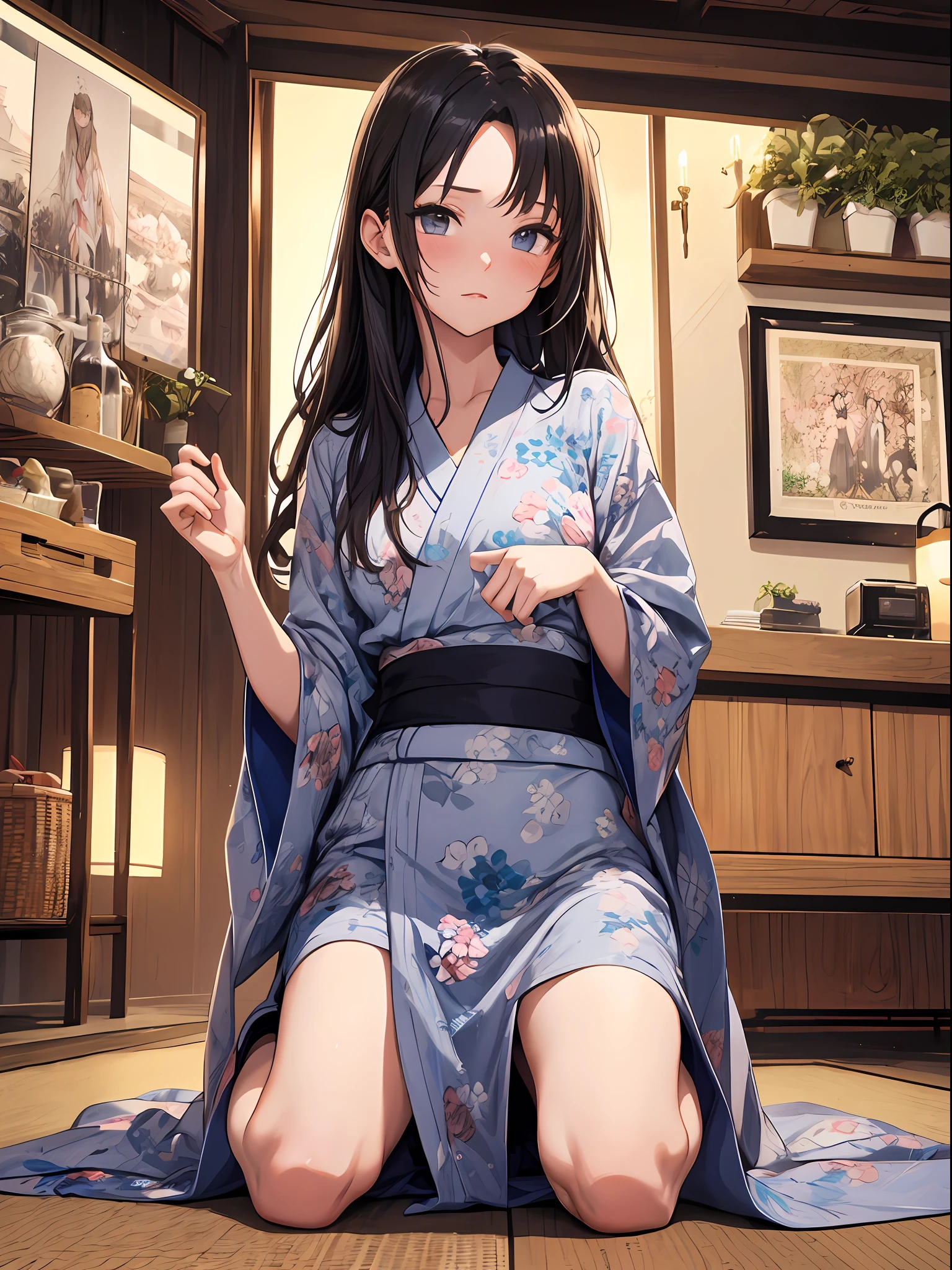 (masutepiece), Top quality ultra-detailed CG art, Dignified and beautiful women's yukata, White marriage, Beautiful facial features, Vivid eyes, Sexy atmosphere, Scene with hair swaying。(Shots focused on a small area), A body shape that remains young, long beautiful hair, Kneeling posture, An expression that makes you feel a commotion in your chest, night landscape、Atmosphere like a Showa idol、Fluffy beds、