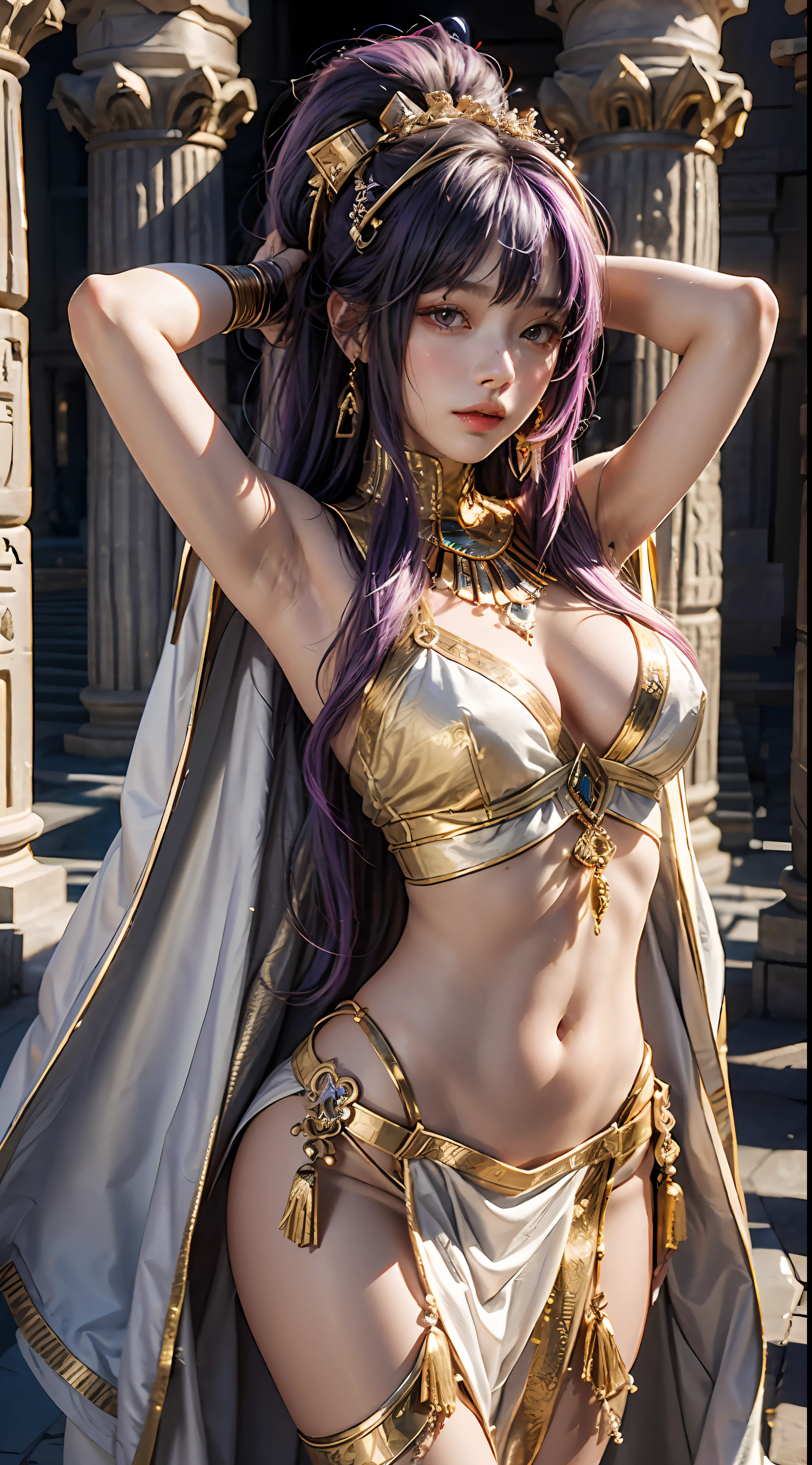 best qualtiy,tmasterpiece,超高分辨率,19-year-old girl,Slim figure,slender figures,Very long hair,Color hair color,Single horsetail,High ponytail,Color hair color,with fair skin,Very white skin,Purple colored hair,ancient Egyptian,Ancient Egyptian dress-up,Cleopatra,White cape,Golden pupils,Egyptian temple,pyramid,A desert,(Fidelity:1.4),RAW photogr,1girll,(The upper part of the body:1.5),Bigchest (D)