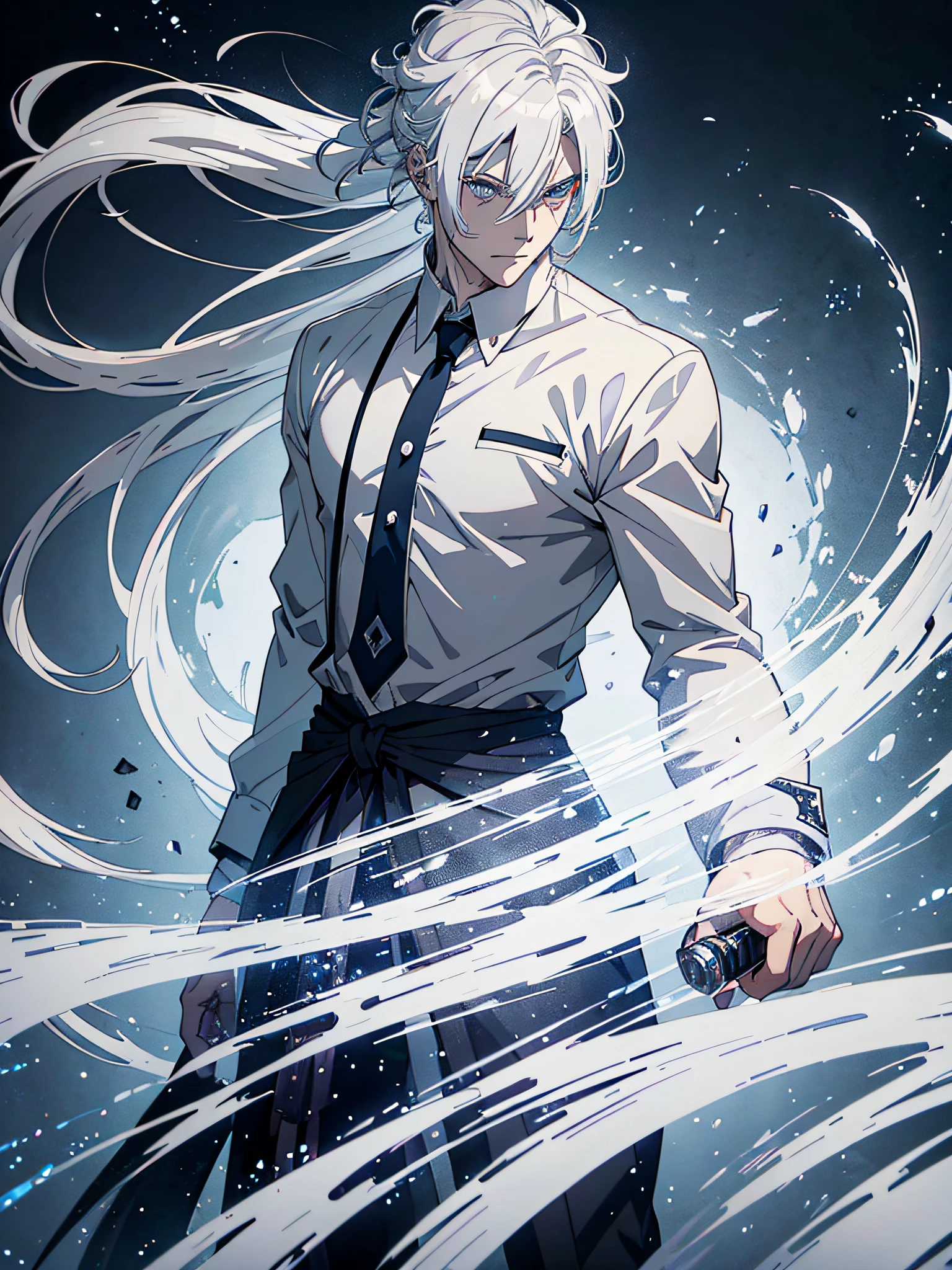 anime - style image of a man with white hair and a knife, white haired, white-haired, he has dark grey hairs, white haired deity, tall anime guy with blue eyes, best anime 4k konachan wallpaper, silver haired, a silver haired mad, male anime style, gray haired, white hair, messy wavy white hair, white - haired fox