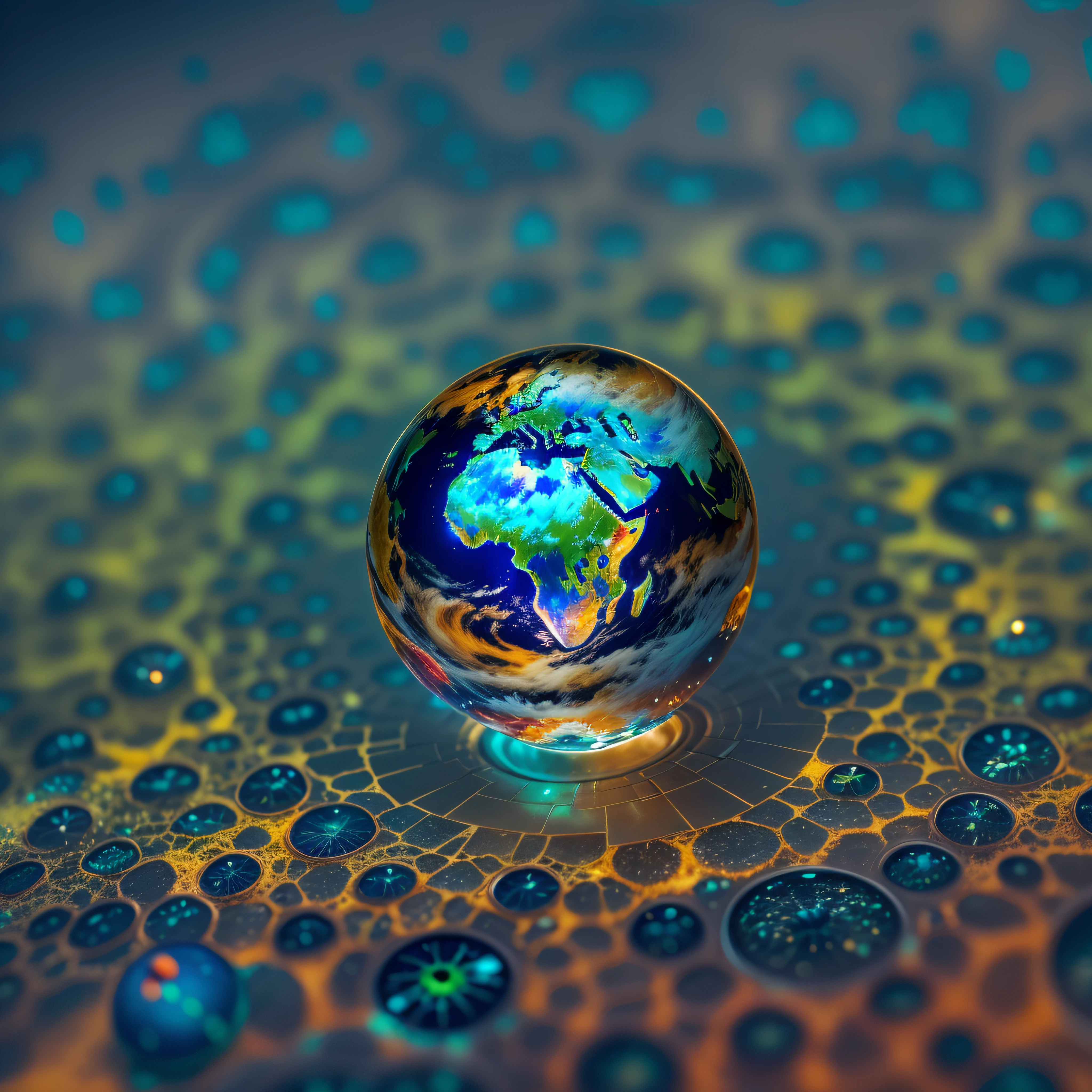 macro photography, Image of Earth as seen from outer space, inside a water drop, droste effect photography, surreal photography, 3d, bright bold colors, bioluminescence