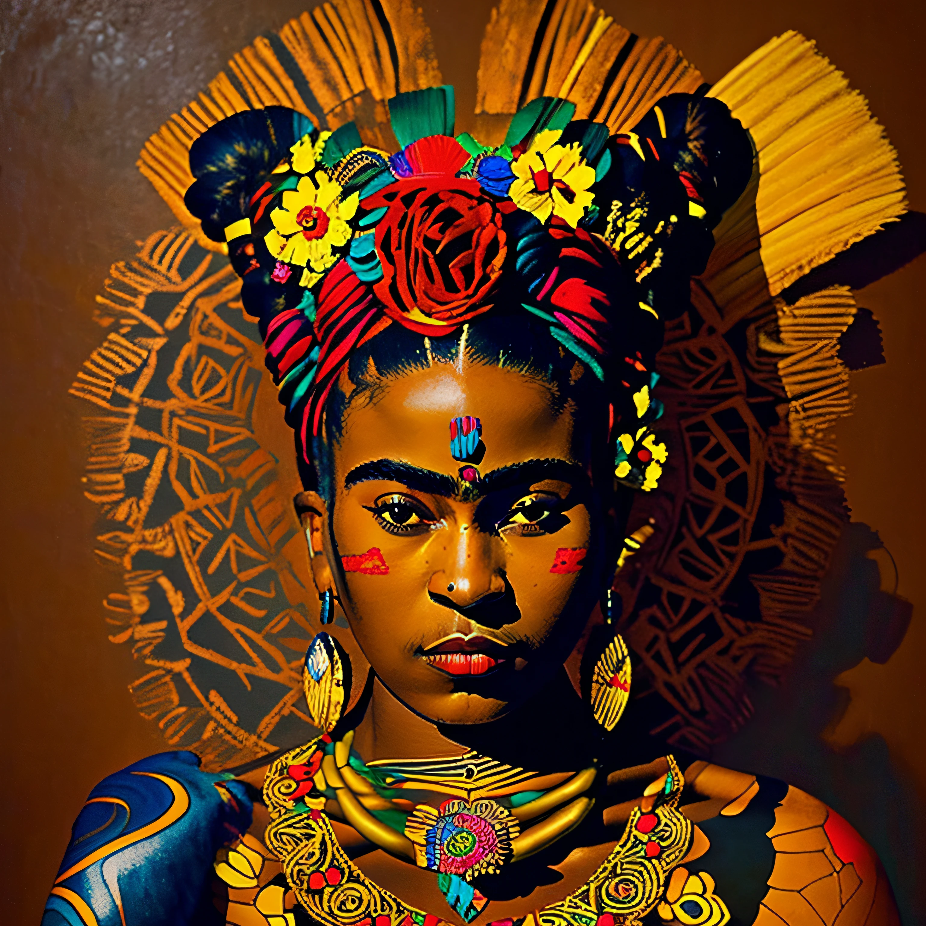 "dark-skinned African girl with intricate tribal body-paint and beautiful ethnic jewelry, depicting the essence of ((Frida Kahlo)) in her expressive painting." --auto