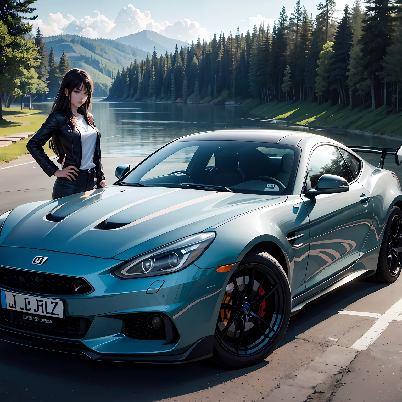 Beautiful girl and her sports car, Surrealism, Social realism, anime, UHD, anatomically correct, high details, highres --auto