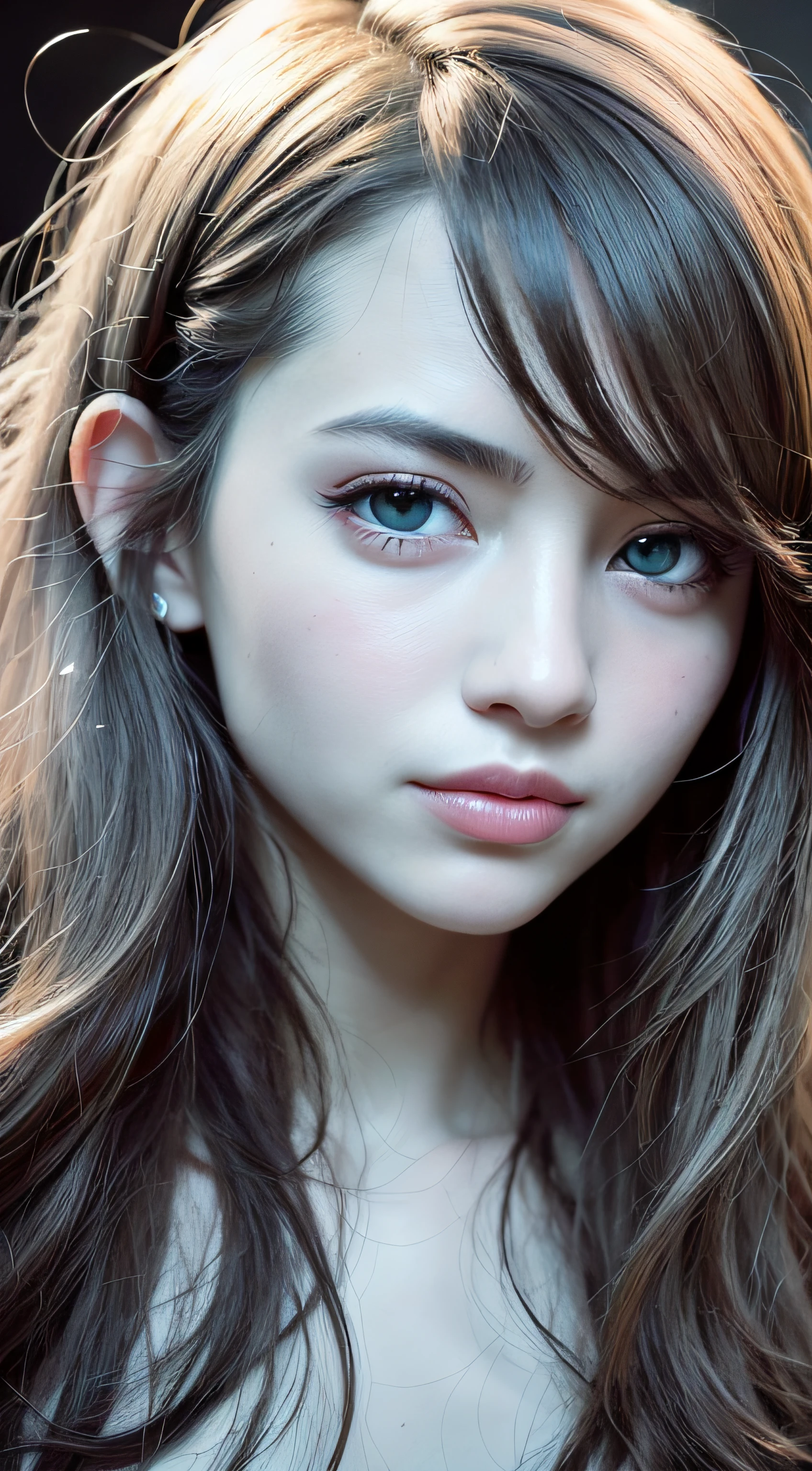 (realistic, photo-realistic:1.37),(8k, RAW photo, best quality, masterpiece:1.2), cute, ultra-detailed,heart-shaped pupils,physically-based rendering, ultra high res, kodakvision color, shot on Arricam LT Camera, bokeh, sharp focus,
looking at viewer,photorealistic,realistic, solo, photorealistic, best quality,extremely detailed face,extremely detailed eyes and face, beautiful detailed eyes,absurdres, incredibly absurdres,haunting smile,Messy hair, floating hair, ,