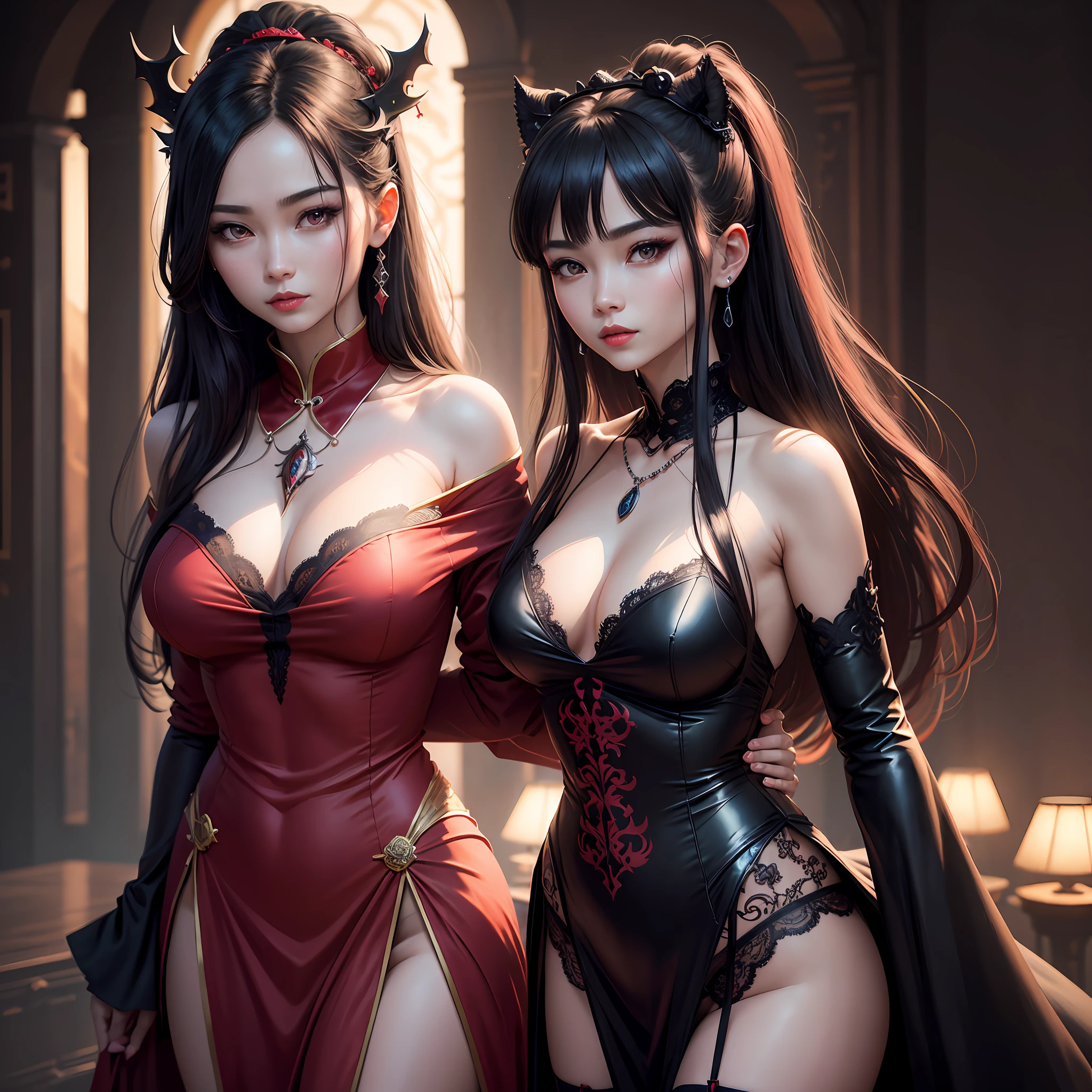 best quality, masterpiece, highres, 1girl, hanfu, white and even teeth, red irises, chinese underwear, hair ornaments, necklace, jewelry, crown jewelry. Pretty face, upper body, magic import style, tyndall effect, photo realistic, dark studio, border light, two tone light, (high detail skin: 1.2), 8k uhd, dslr , soft light, high quality, volumetric light, candid, Photo , high resolution, 4k, 8k, Bokeh, (light pink lips), 1 beautiful demon from hell, In the Dark: 1.6), surreal portraits of women by David Hockney and Alphonse Mucha, fantasy art, photorealism, dynamic lighting, station art, posters, volumetric lighting, highly detailed faces , super 8k, Awarded, in the dark, deep shadow, low light, cowboy lens, (Red phoenix shirt: 1.4), long hair, black hair, bust, luxury palace, Royal style family, devil's crown, red eyes with very sharp and detailed makeup, Best face, Very round and tight breasts, Surreal, chinese women's clothing, turtleneck polo lace top, charming smile, Beautiful eye makeup, guweiz, devil style, black lace stockings, mesh stockings with hooks on underwear, ponytail with a bow at the back, dark red lips, Devil tattoo on shoulder, wearing a nightgown thin lace deep slit chest red black, overcast and thunderous landscape, (Portrait), Close-up of main character, (Background detail 1.8), --auto