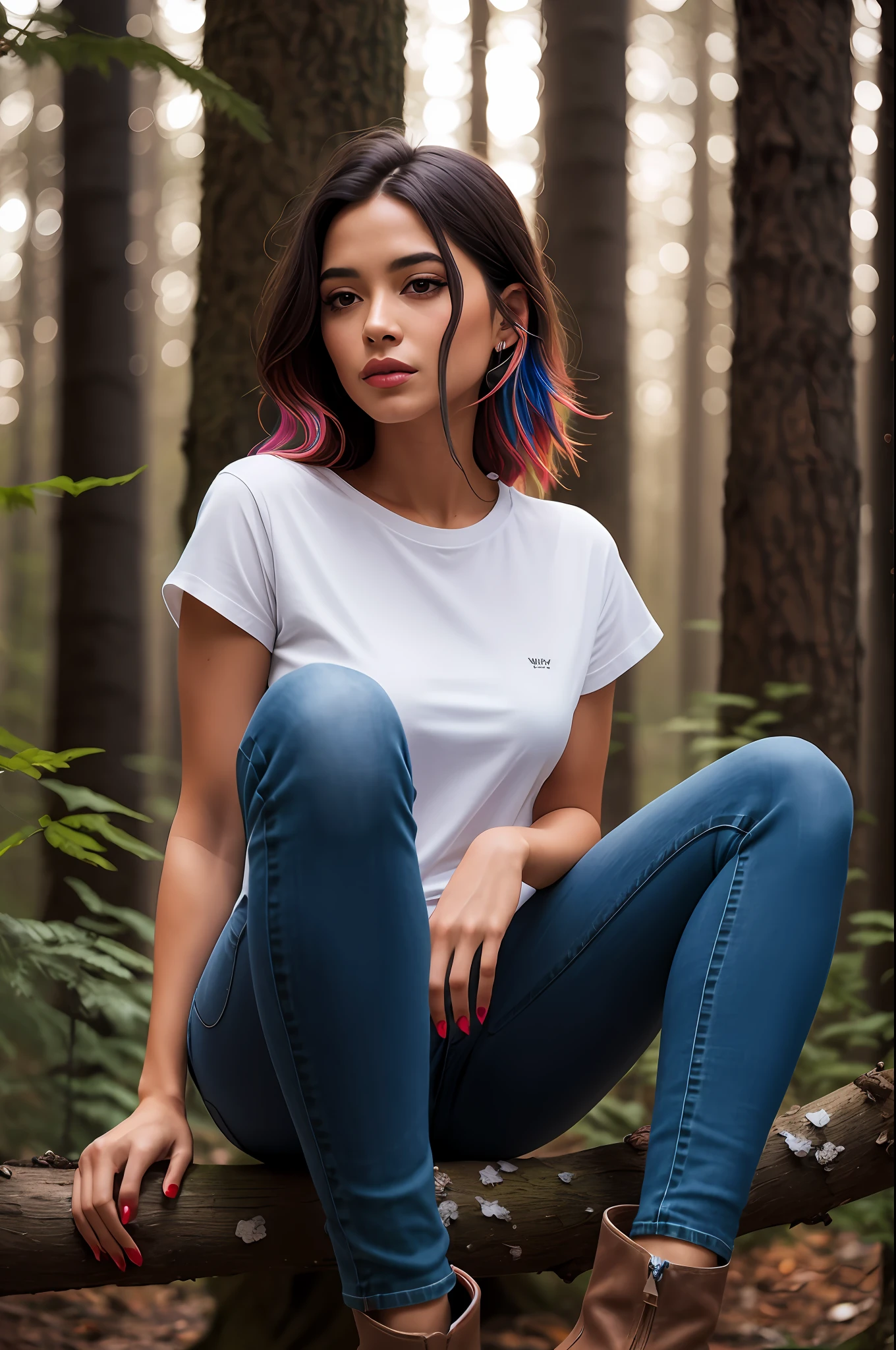 (((colorful bird sitting on a branch, dark mysterious forest, dramatic lighting, dark photo, night))),, best quality, ultra high res, (photorealistic:1.4),, high resolution, detailed, raw photo, sharp re, by lee jeffries nikon d850 film stock photograph 4 kodak portra 400 camera f1.6 lens rich colors hyper realistic lifelike texture dramatic lighting unrealengine trending on artstation cinestill 800,, photorealistic, photo, masterpiece, realistic, realism, photorealism, high contrast, photorealistic digital art trending on Artstation 8k HD high definition detailed realistic, detailed, skin texture, hyper detailed, realistic skin texture, armature, Arab young women, in white round neck plain Tee-shirt, basic teeshirt, with tight jeans, ankle boots