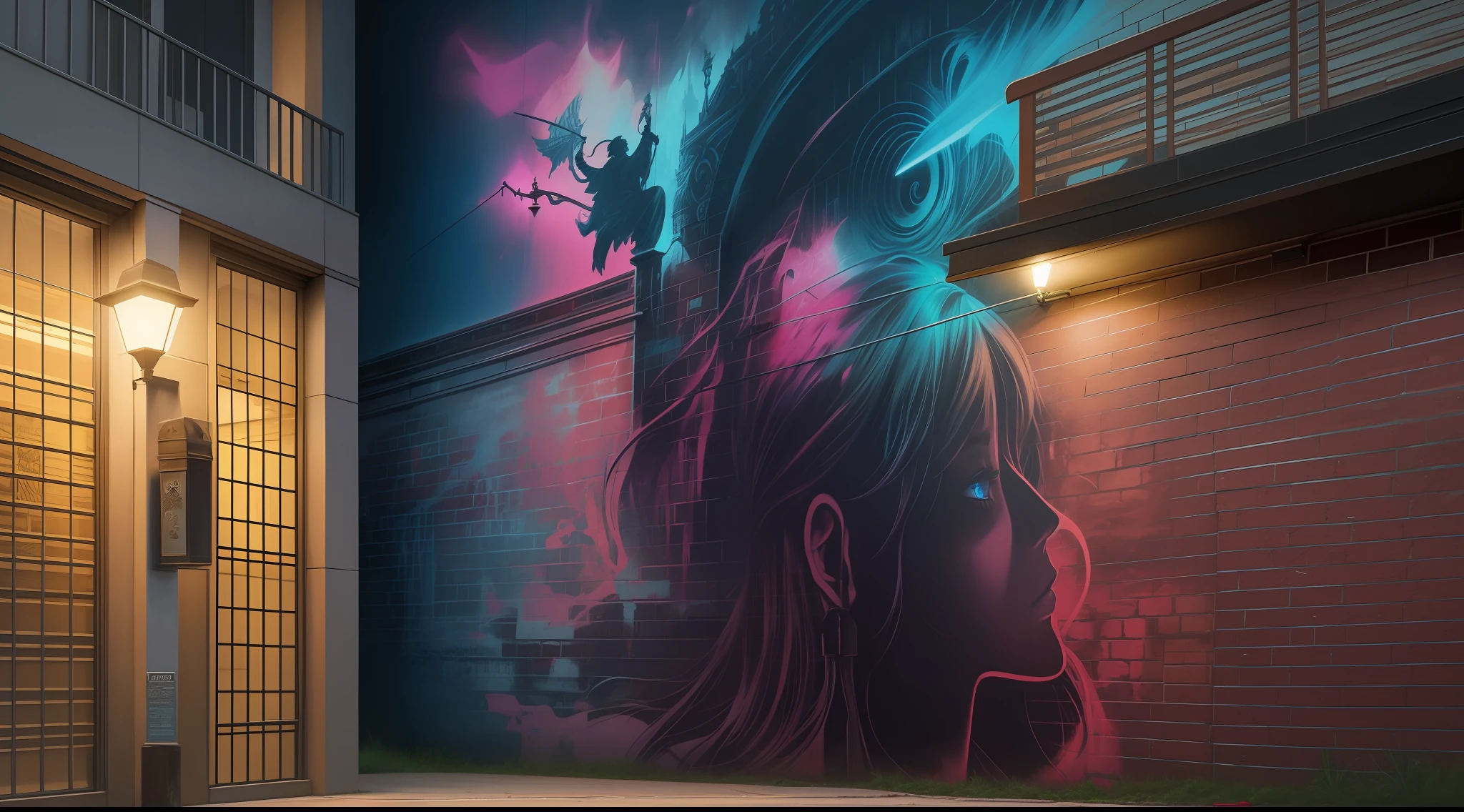 street art is dark fantasy academy wall in the airbrush art with dark palette, dark fantasy aesthetics, raw photo, extremely fine detailed, street lamp is dark neon color growing, night,