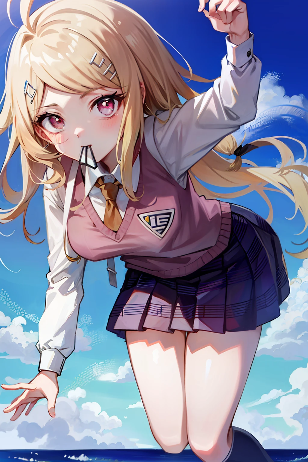 spheres,schools,bandagens,long whitr hair,ahoge,Heart-shaped pendant,lowerbody,youth,Young men,15year old,with her mouth open,cloud sky,Skysky,suns,in summer,schools,校服,junior school student,tmasterpiece,High-quality portraits,Humanoid,ventania,posing on a,full-shot,daysies