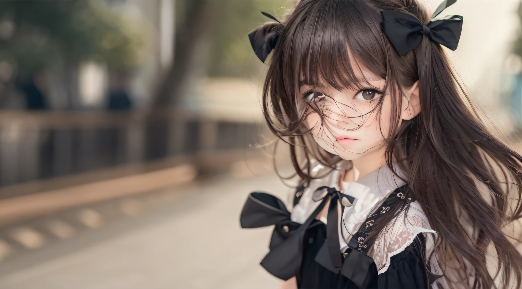 CHILD girl with a black bow and a black dress, girl with dark brown hair, girl with brown hair, black hair ribbons, a beautiful teenager-old, wearing hair bow, young girl, brown hair and big eyes, half-length photo, photo of young woman, young, beautiful girl, she is about 1 6 years old