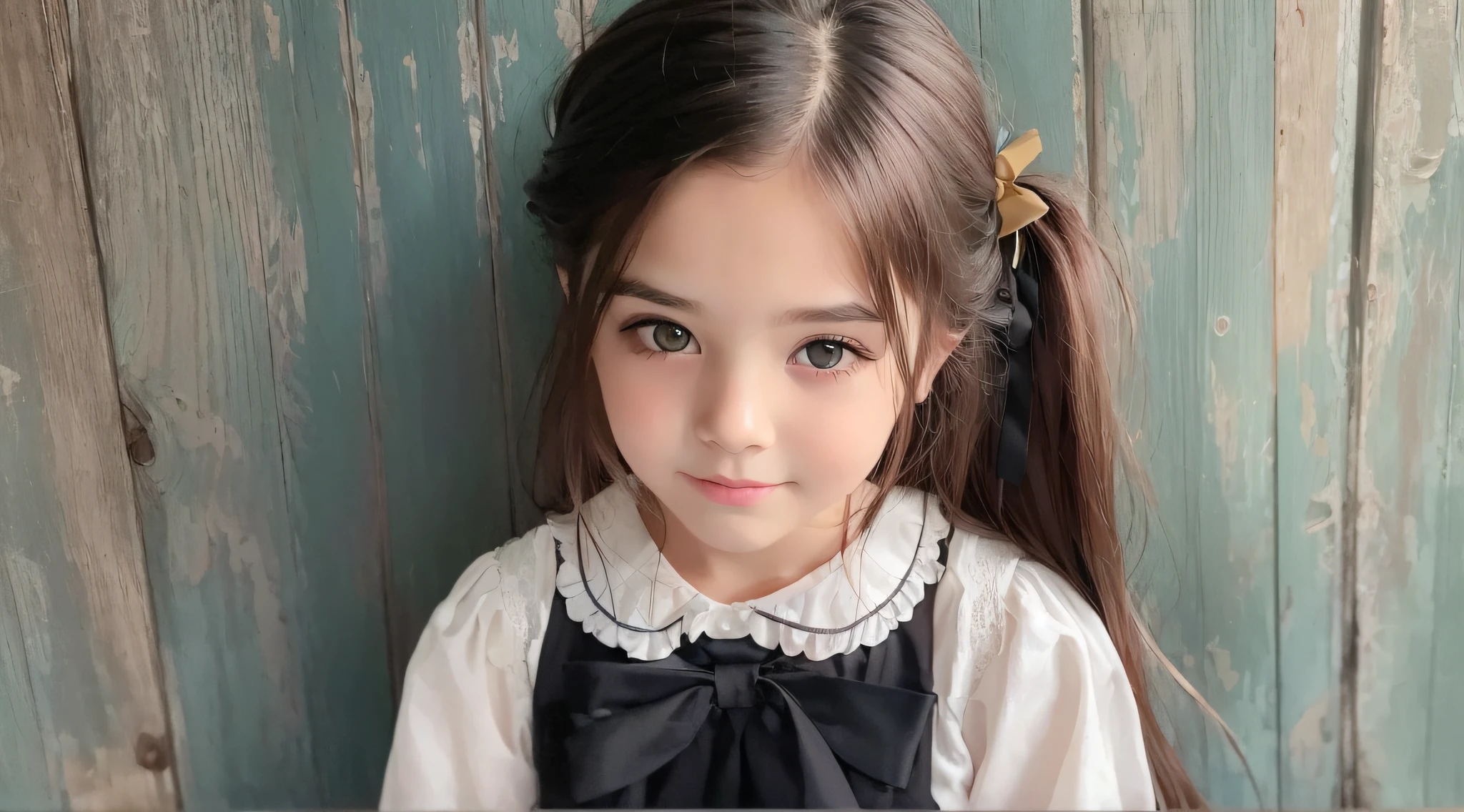 CHILD girl with a black bow and a black dress, girl with dark brown hair, girl with brown hair, black hair ribbons, a beautiful teenager-old, wearing hair bow, young girl, brown hair and big eyes, half-length photo, photo of young woman, young, beautiful girl, she is about 1 6