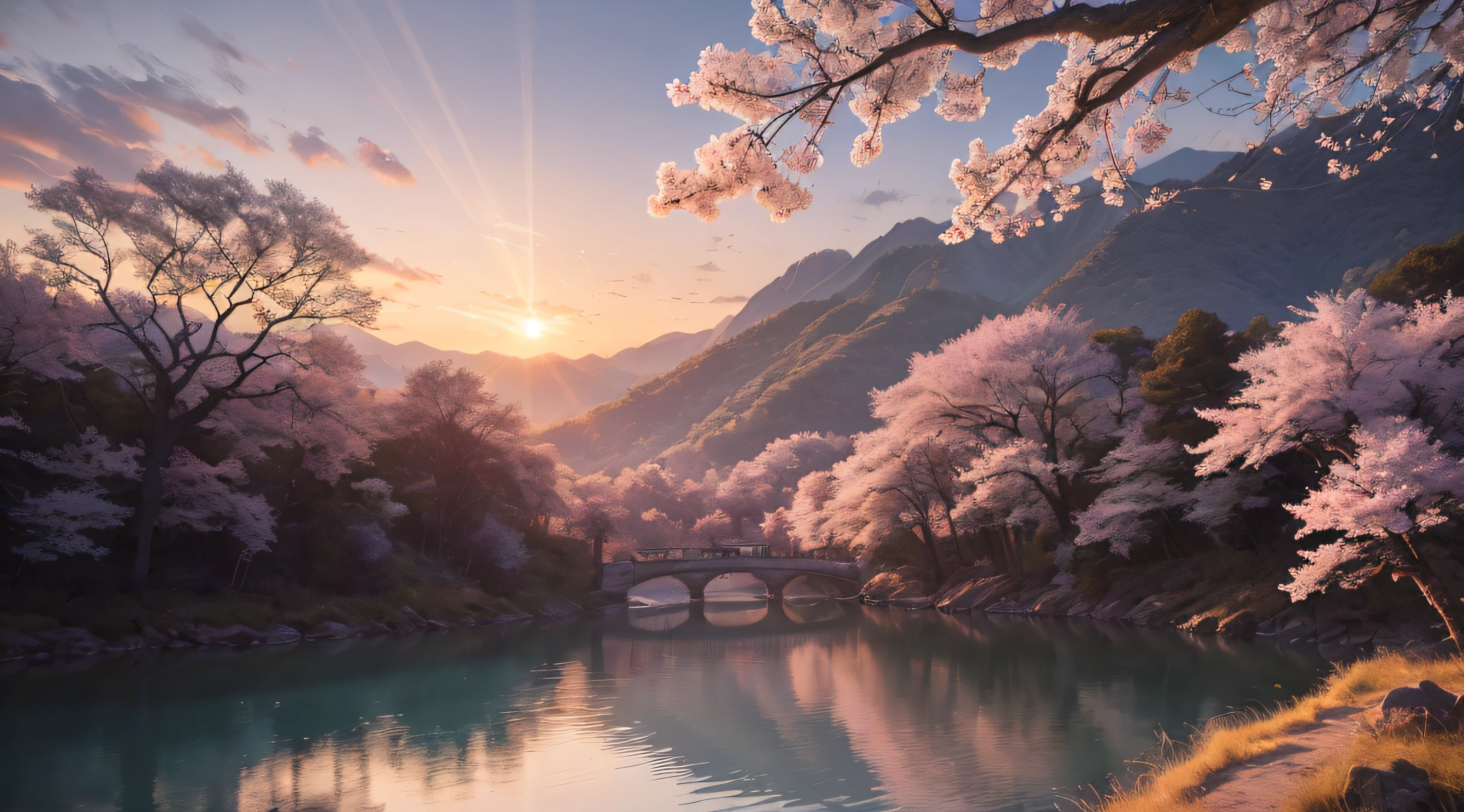 (masterpiece, best quality:1.2), ultra detailed, cinematic lighting, HDR, ilustration, landsape, sunrise, cherry blossom, impressive, chill, inspirational,