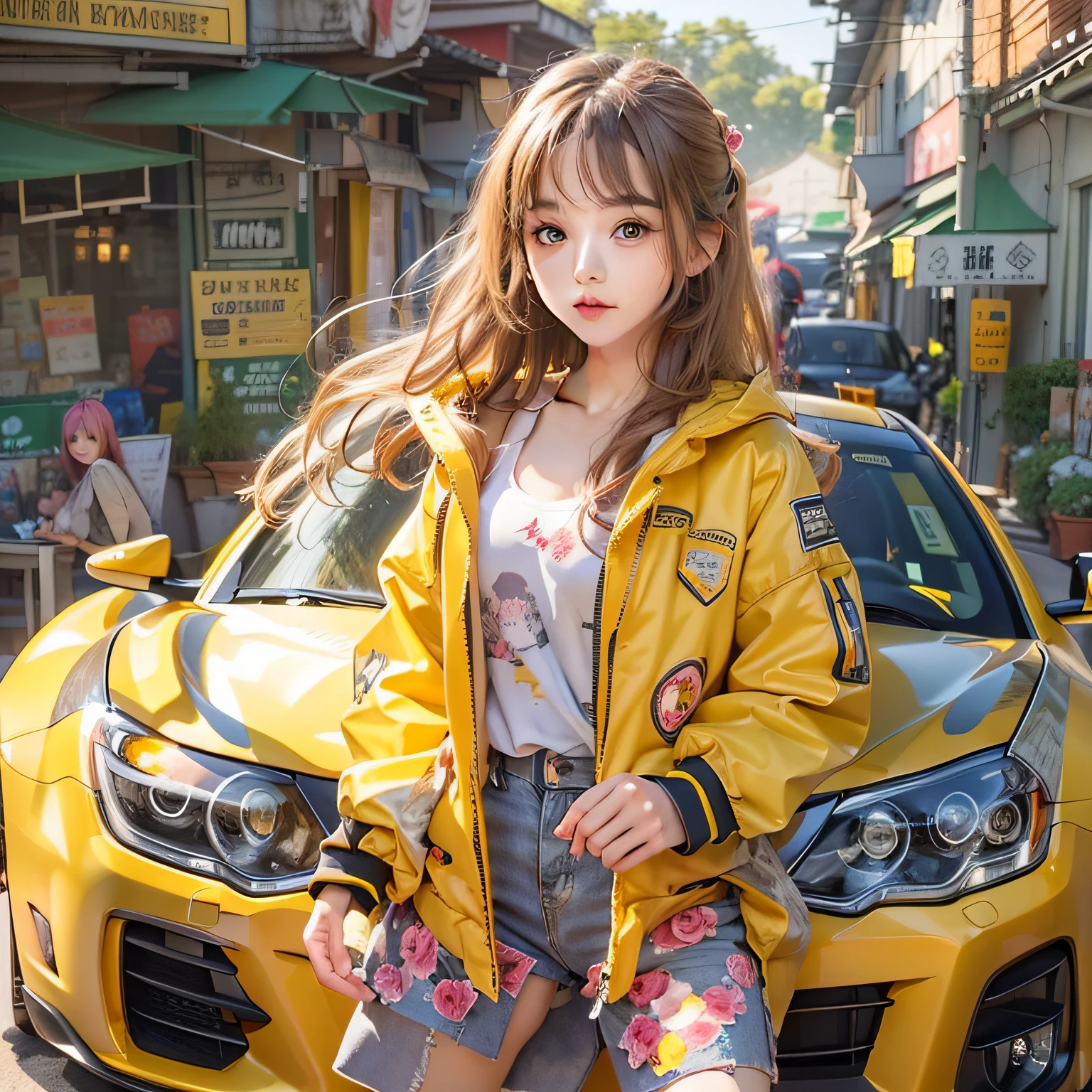 (The best quality illustrations:1.2), (Ultra-detailed:1.2), (Kawaii Girl:1.1),(1girl in:1.1),Very beautiful scenery, the panorama, Yellow sports car, Girl in normal clothes, Girl leaning against car,