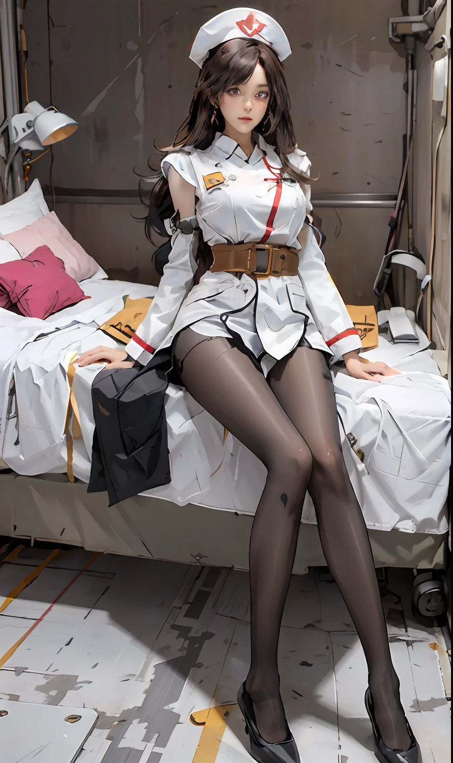 Two female nurses,Extremely detailed eyes and face,beautiful detailed glow,Wearing a nurse's hat,long and flowing hair,Beautiful detailed girl,Floating,(fully body photo),Panorama Figures,On the body,Large wide angle today,Two sleeping mech nurse girls,Mecha's combat suit,mechasuit,Sleep in a hospital bed,The body is plugged in with a wire in the charge,There are drops in the potion bottle,Lifting needles,In the infusion,17 yr old,Wearing a medical auscultation instrument,Sexy sleeping position,Seductive pose,dynamicposes,Dynamic shots,Show off your perfect figure,Show off sexy long legs,Can't believe it's so beautiful,Alloy medical cuirass,He had a lot of bandages around his waist,Medical bandages bind wounds,She wears sexy lace nurse trousers,Wearing pink Gundam lace nurse pajamas,brown hair,Semi-mechanical pajamas,Nurse hat,black lence stockings,Sexy mecha medical machine set,Latex full body tights,Black silk big breasts,There are also a lot of medical surgical props and medicines neatly placed next to it,Huge cross medicine chest next to it,In a bed in a hospital operating room,
