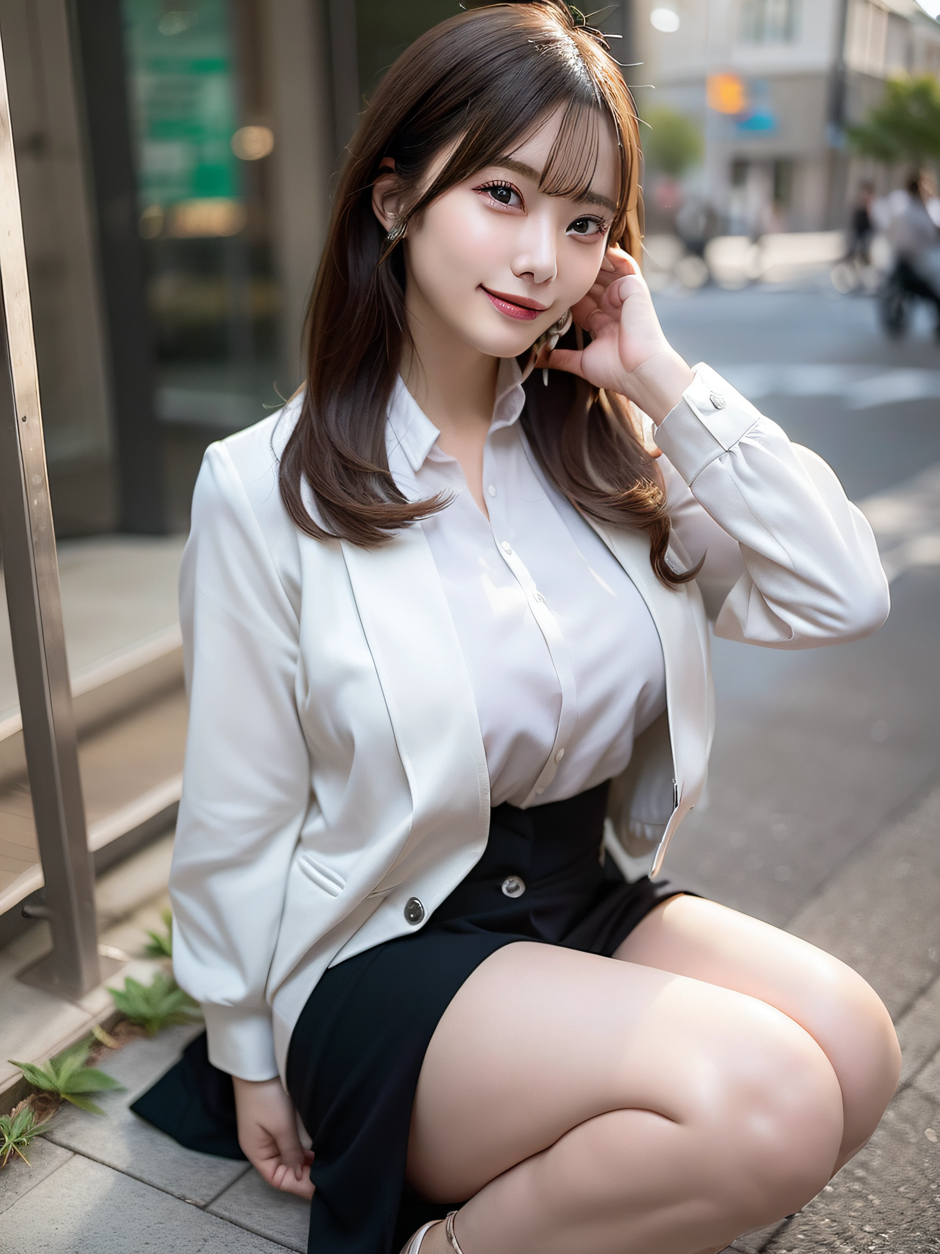 Woman wearing office casual、In the street、Jacket Suit、White blouse、Underwear is sheer、jaket、high-heels、fullllbody、top-quality、ultra-detailliert、超A high resolution、(Photorealsitic:1.8)、Saika 1、Erotic face、looking at the viewers、a smile、natural soft light、huge tit