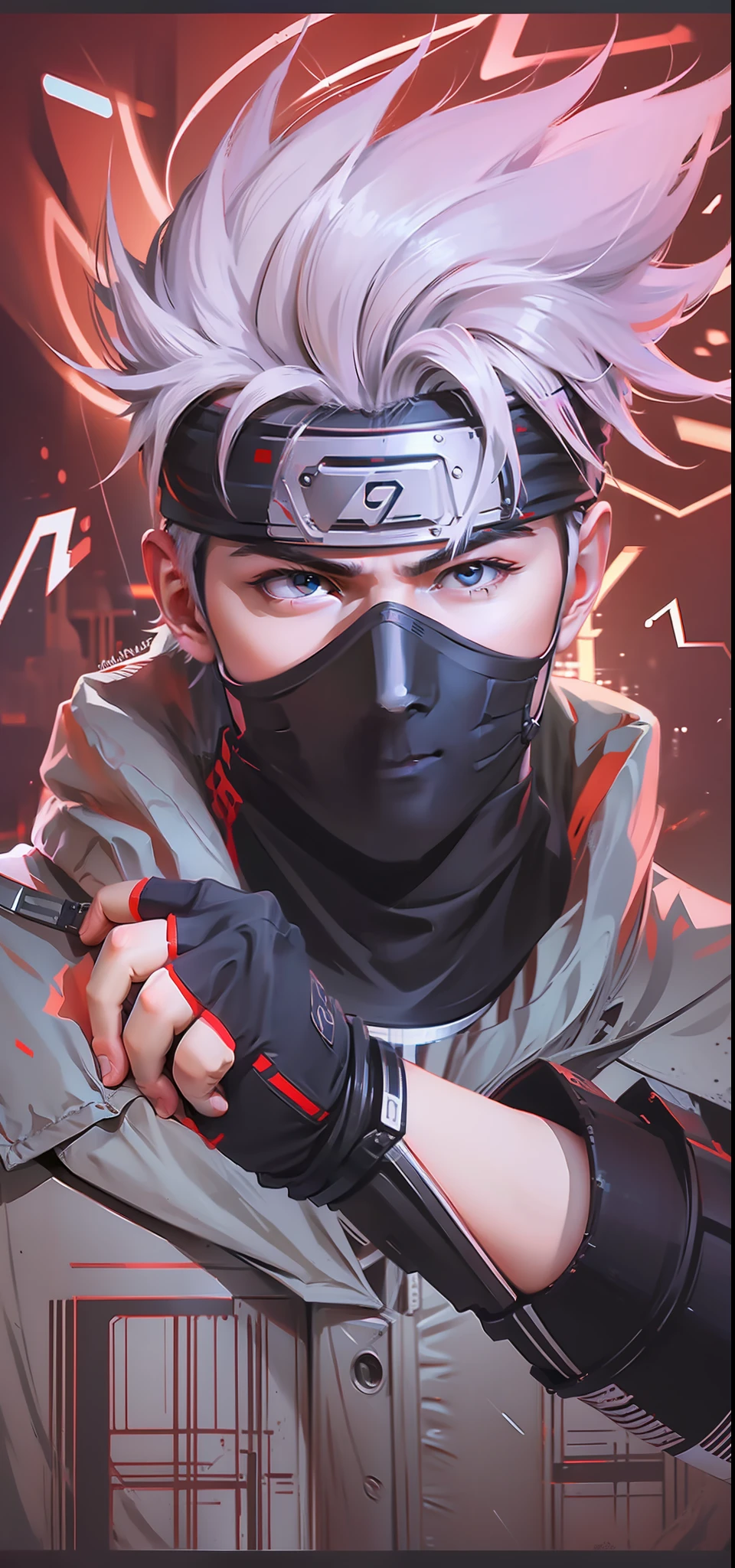 A futuristic ninja with white hair, A cut on left eyes, red eyes, with masker,holding Knife, headband,green jacket,Futuristic,best quality, realism, hatake Kakashi from Naruto, handsome man, realistic, 8k, Best quality, Masterpiece, High resolution, Ultra Realistic, Kakashi, Ninja, Glitch effect, Futuristic tobots, thunder effect, Cinematic photography, 8k wallpaper, Glitch