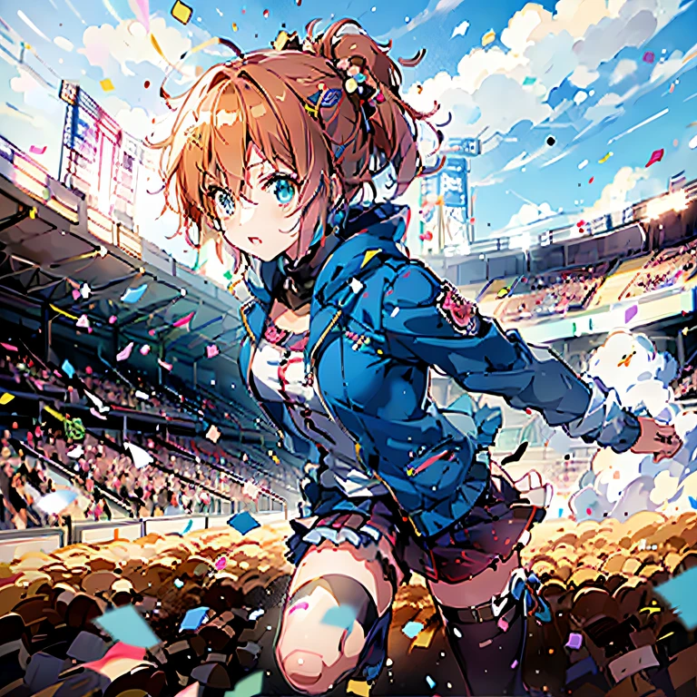 Anime girl running in stadium，Confetti fell around her，pixiv contest winner，Female protagonist，Official artwork，Detailed anime digital art，Digital anime illustration，high detailed official artwork，Epic anime style，anime styled digital art，trending on artstation pixiv，advanced digital anime art，Anime epic artwork