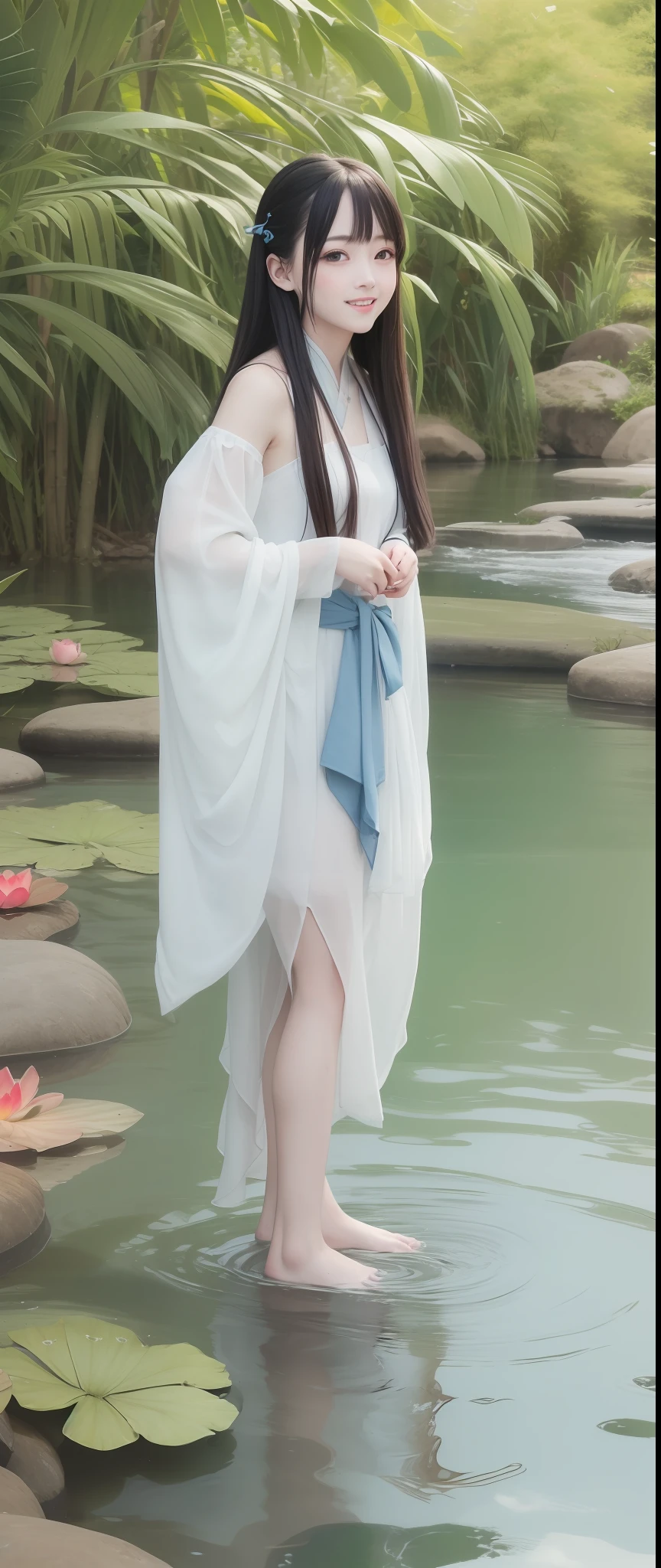 ((4k、masterpiece、top-quality))、shuimobysim、traditional Chinese ink painting、lotuses、Hanfu、Maxi skirt、One boy dressing up modestly、独奏、long blue hair、a smile、is standing、Feet in the water、bare-legged、