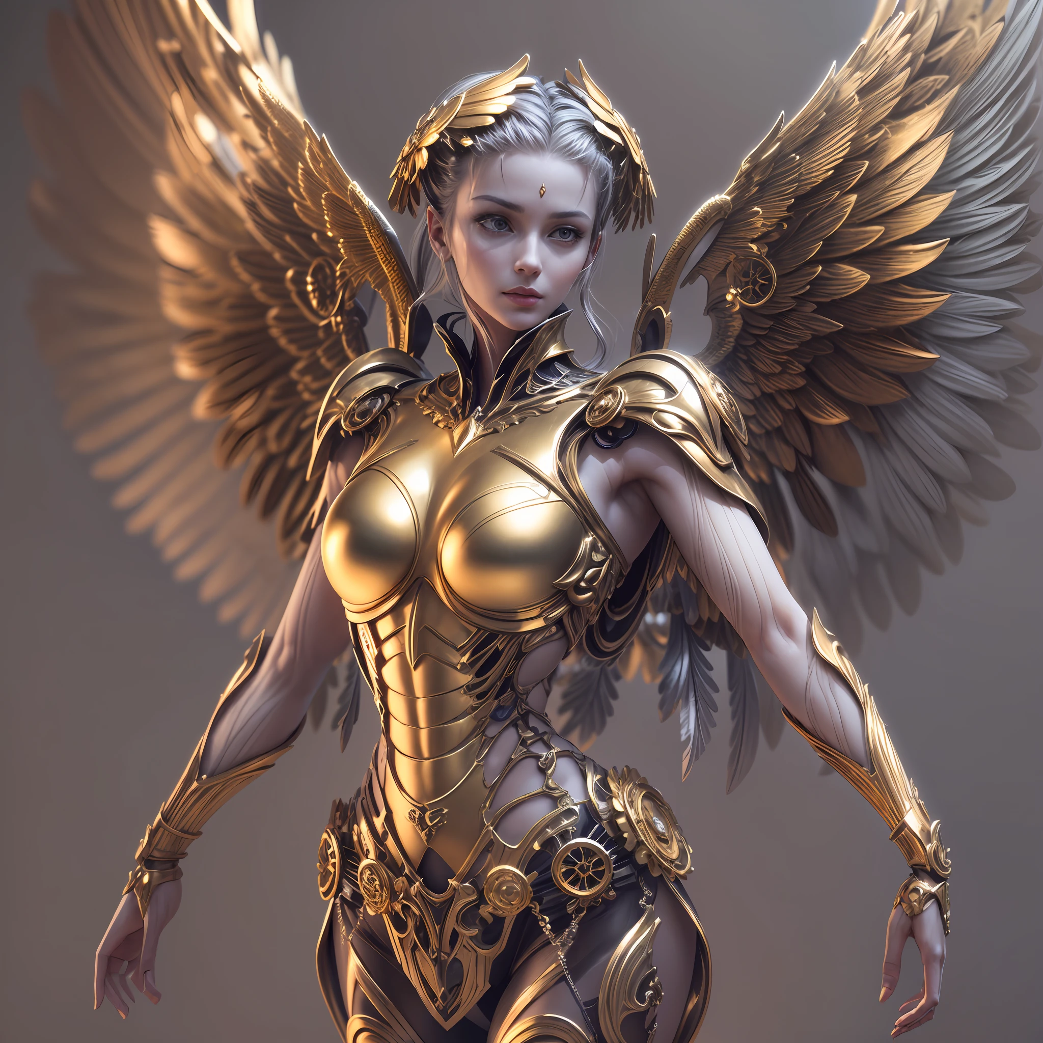 Mechanical style,Gold Theme,(1 mechanical female angel,anatomically correct,full body, arms behind back,golden wings,standing,circular base),Black and white background, (3D render,Best quality, Detailed details, Masterpiece, offcial art, movie light effect, 4K, Chiaroscuro)
