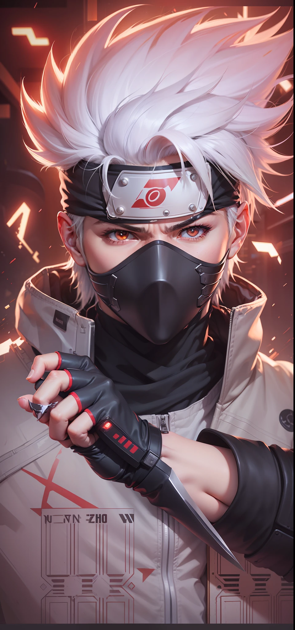 A futuristic ninja with white hair, A cut on left eyes, red eyes, with masker,holding Knife, headband,green jacket,Futuristic,best quality, realism, hatake Kakashi from Naruto, handsome man, realistic, 8k, Best quality, Masterpiece, High resolution, Ultra Realistic, Kakashi, Ninja, Glitch effect, Futuristic tobots, thunder effect, Cinematic photography, 8k wallpaper, Glitch