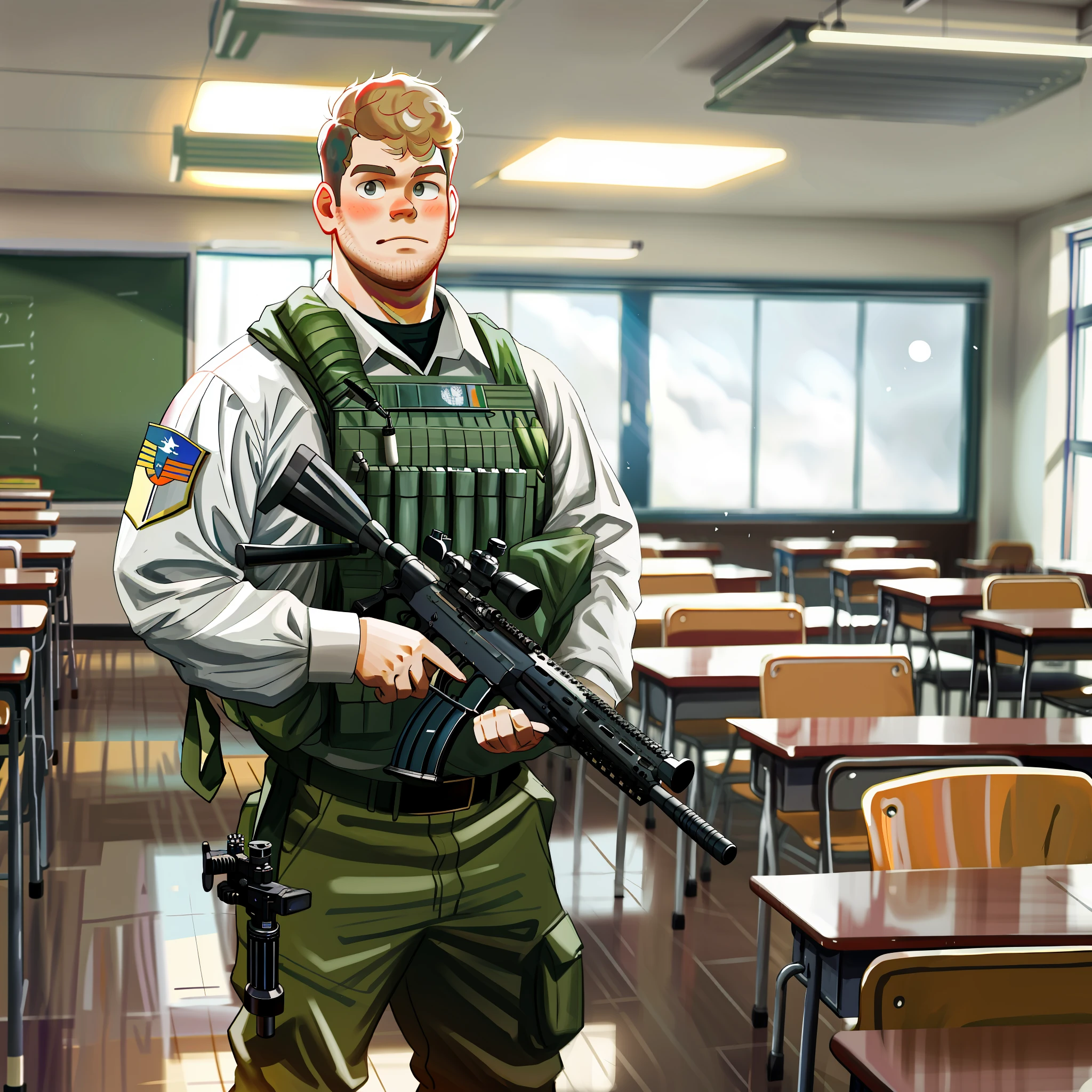James Corden as college professor standing in class holding a M4 rifle, age 25 years, in classroom, Indian professor, M4 rifle, military