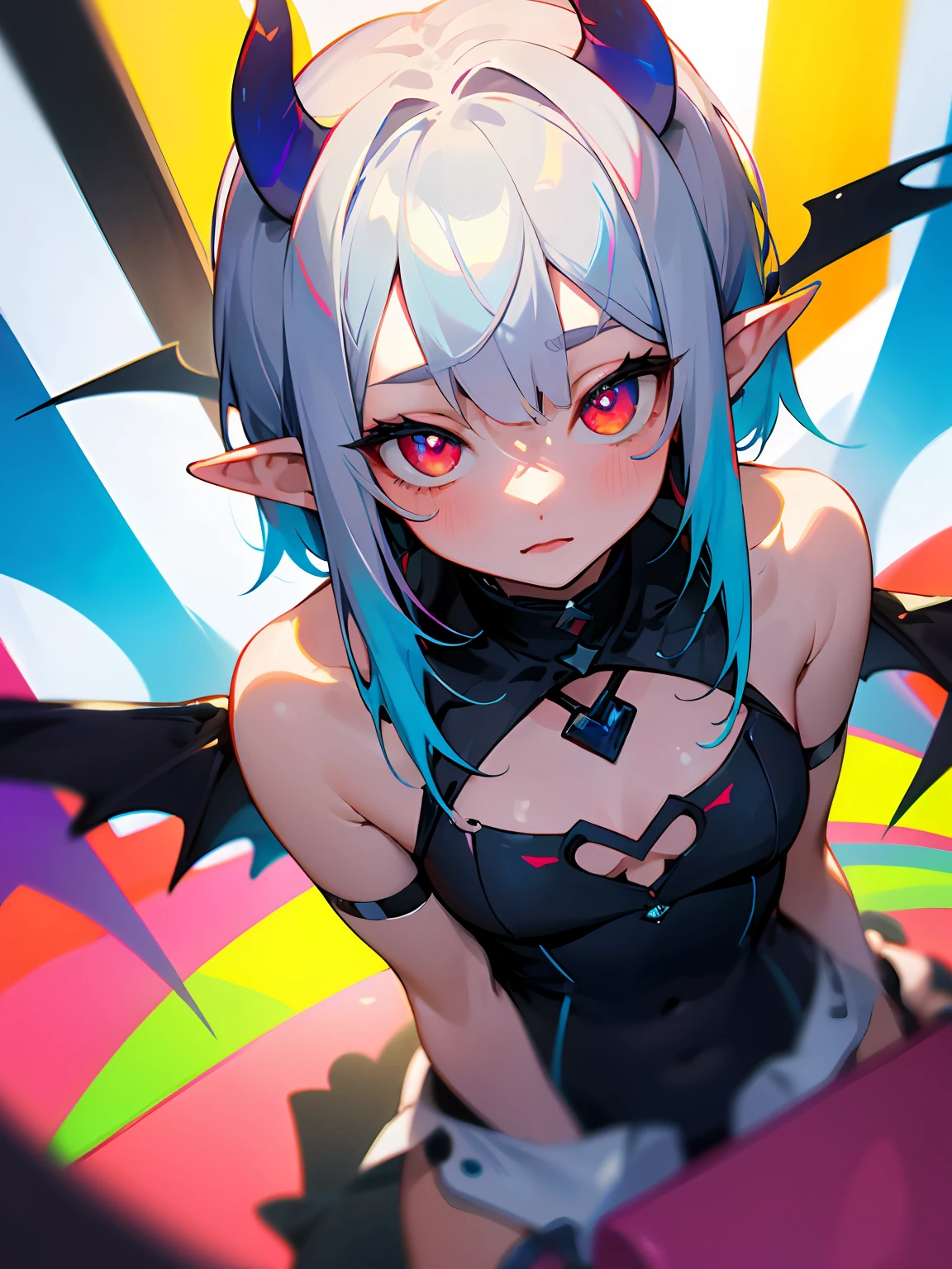 ((Masterpiece, Best quality)), 1girll, (Mature female:1.4), 130mm f1.4 lens, 1girll, Solo, Pointy ears, Heart-shaped pupils, microdress, From above, Demon Girl, Flat chest, Demon wings, Saturated, Colorful, multicolored hair, Silver hair, blue  hair, Multicolored eyes