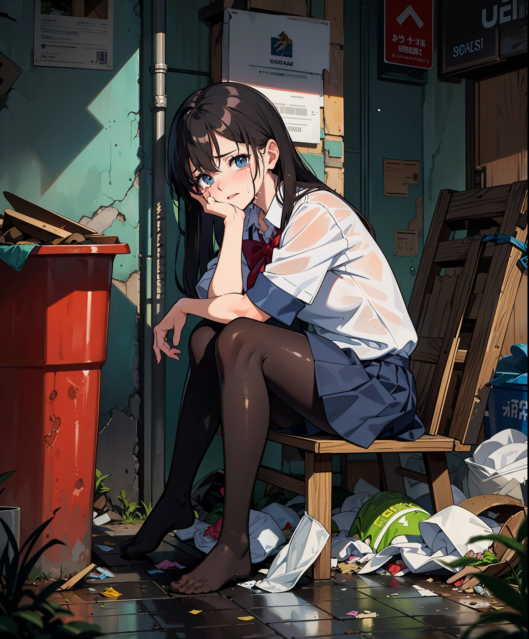 A girl in a school uniform sat on the wet ground in a dirty and cluttered alley, her clothes soaked through from the rain.white pantyhose without shoes,(completely,She was surrounded by overflowing trash bins and piles of garbage, the stench overwhelming.    Tears streamed down her face, her sobs the only sound in the otherwise quiet and desolate alleyway.    The rain continued to fall, drumming against the pavement and mixing with the refuse to create a disgusting slurry at her side.