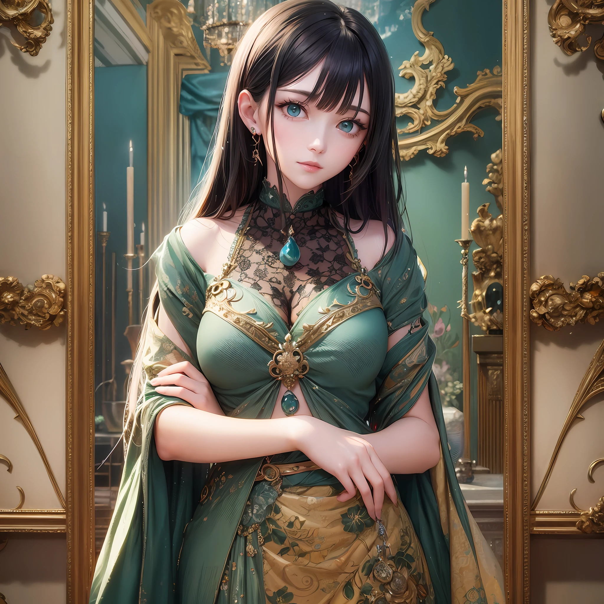 animesque、Clear, moisturized sea green eyes、Beautiful woman like a fashion model、a closeup、portlate、Beautiful, Beautiful black hair without hair ornaments, hight resolution, top-quality, masterpiece, 8k wallpaper、 One Person、Beautiful skin、17age、