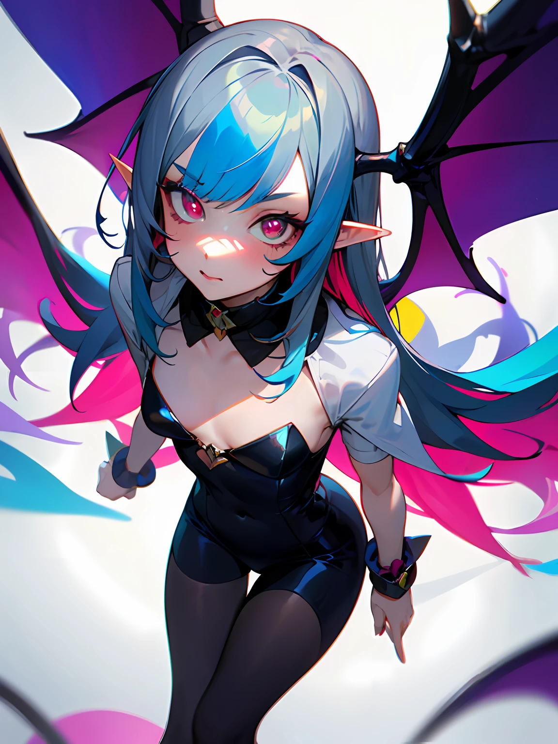 ((Masterpiece, Best quality)), 1girll, (Mature female:1.4), 130mm f1.4 lens, 1girll, Solo, Pointy ears, Heart-shaped pupils, microdress, From above, Demon Girl, Flat chest, Demon wings, Saturated, Colorful, multicolored hair, Silver hair, blue  hair, Multicolored eyes