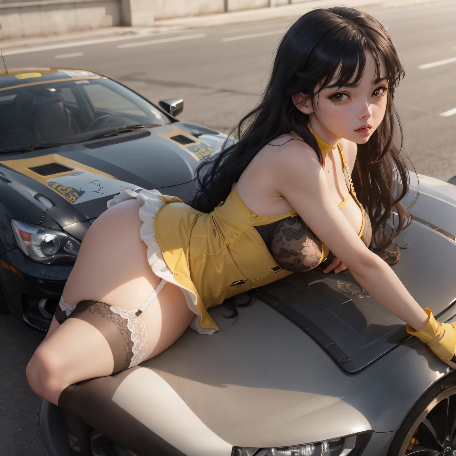 a girl lying on a car, sexy white model, sexy body, yellow lingerie, black stocking, seductive anime girl, --auto