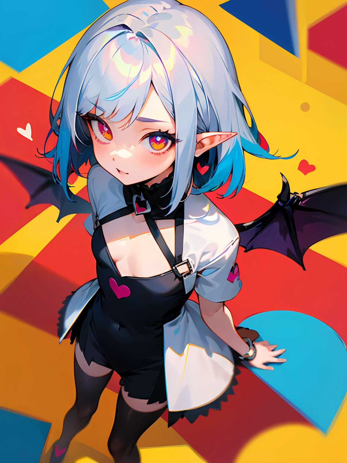 ((Masterpiece, Best quality)), 1girll, (Mature female:1.4), 130mm f1.4 lens, 1girll, Solo, Pointy ears, Heart-shaped pupils, microdress, From above, Demon Girl, Flat chest, Demon wings, Saturated, Colorful, multicolored hair, Silver hair, blue hair, Multicolored eyes