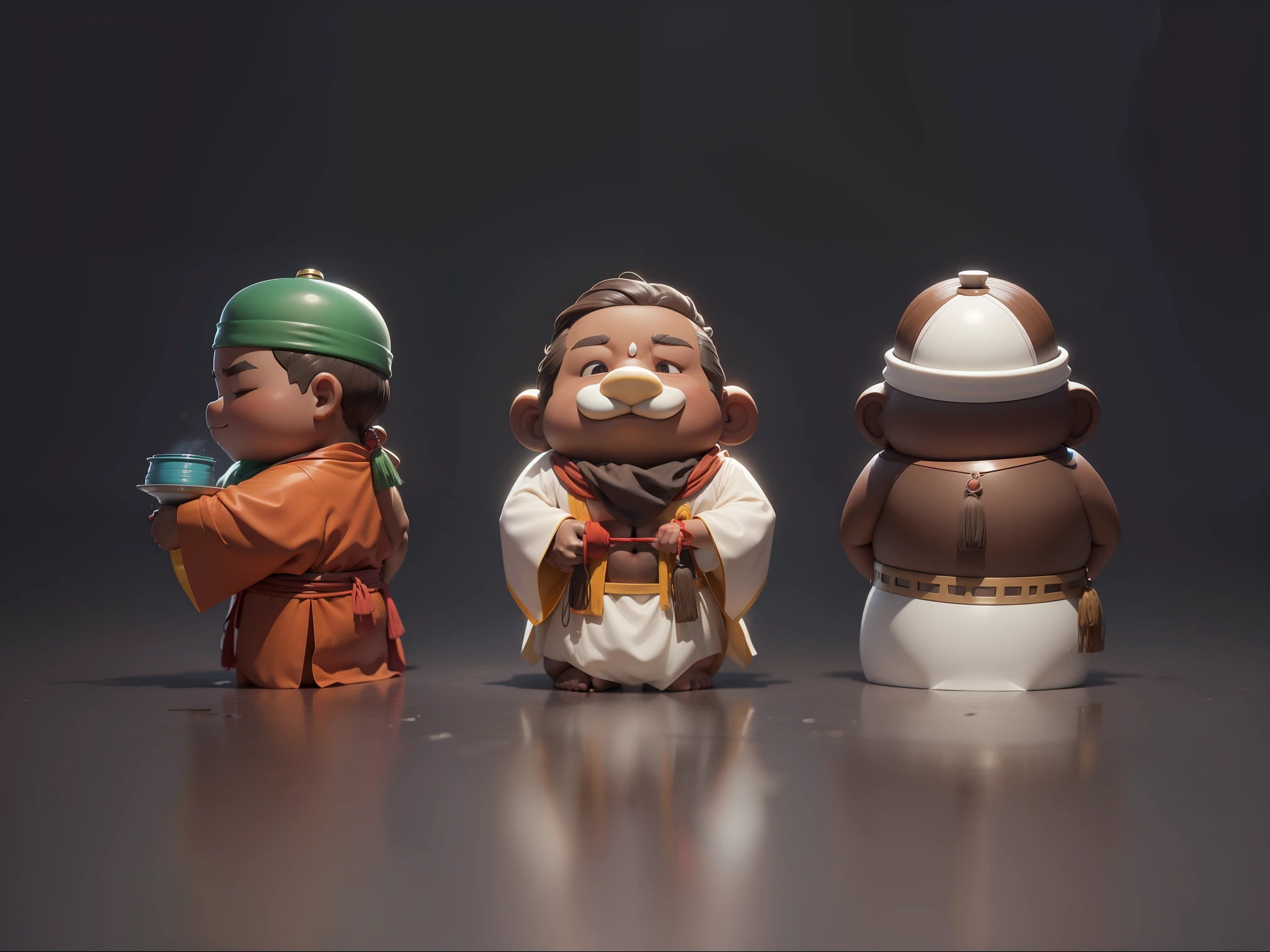 Three views of a cartoon character,generates three views,namely the frontview,side and back view,maintainingconsistency and unity,The image of the treasurer during the Republic of China,Brown horse trigram,A towel around his neck,A jade pendant hangs from his waist,Roast duck in both hands,White transparent background,3D toy style
