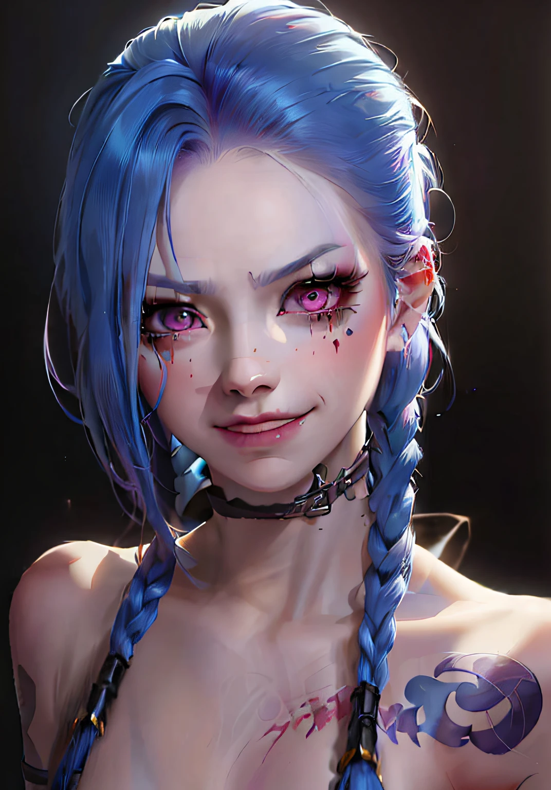 Close up of a woman with blue hair and a tattoo on her chest, portrait of jinx from arcane, rossdraws portrait, Rosla 1. 0, jinx from league of legends, Extremely detailed Artgerm, rossdraws 2. 0, Ross Rush digital painting, jinx from arcane, jinx face, jinx expression, :: rossdraws