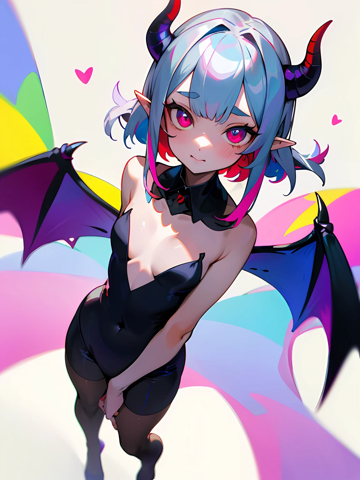 ((Masterpiece, Best quality)), 1girll, (Mature female:1.4), 130mm f1.4 lens, 1girll, Solo, Pointy ears, Heart-shaped pupils, microdress, From above, Demon Girl, Flat chest, Demon wings, Saturated, Colorful, multicolored hair, Silver hair, blue hair, Multicolored eyes