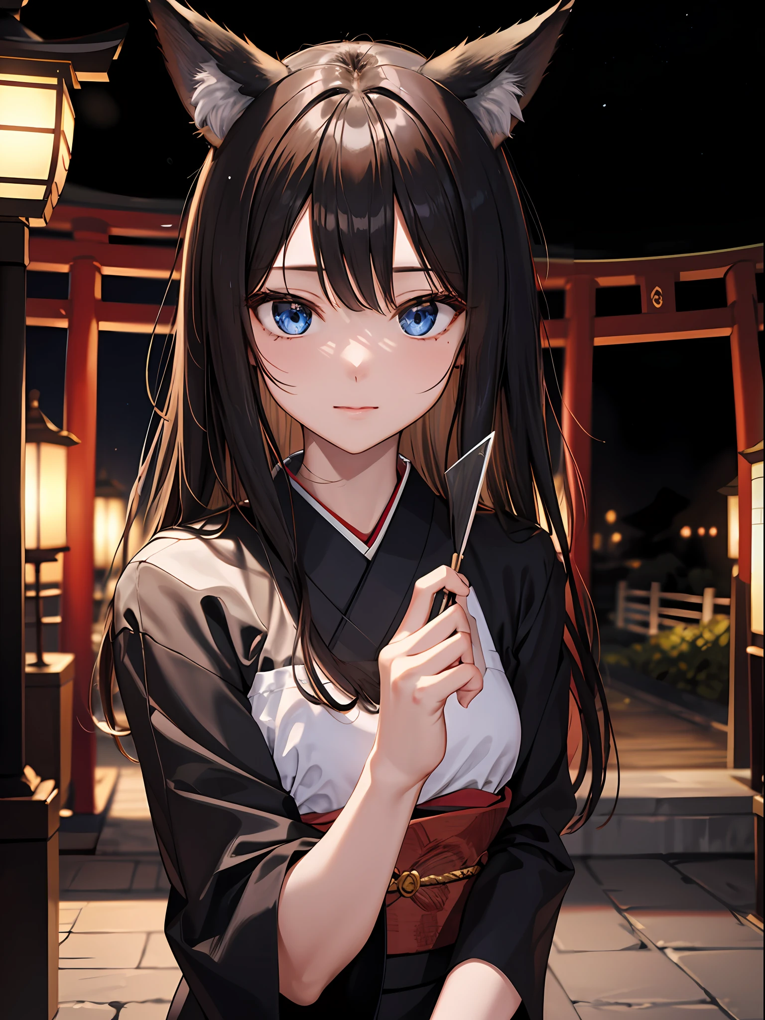 (absurdres, highres, ultra detailed), close-up of face, emphasis on face, focus on face, one woman, mature woman, aged, long straight hair, shiny beautiful hair, blue eyes, bangs, long sleeves, finely drawn eyes and detailed face, eye highlights, hands without breaks, rich Lighting, Highly detailed CG unified 8K wallpaper, Intricate details, Portrait, Gazing, Solo, Half shot, Fine drawn face, Soft smile, Dynamic pose, Classical period, (Ancient Japanese themed: 1.1), Japanese mythology, Fox ears, Japanese people, ruler, Blue kimono Japanese, Floral kimono, Ancient theme, (Prosperous Civilization: 1.1), Moon in background, (Immaculate: 1.1) shrine, Torii gate, Japanese landscape, Ancient city in background, Fox mask on head, Fantastic, dreamy, dancing lights, lantern, Austere, Night, Darkness, Stars, Portrait, Cinematic lighting