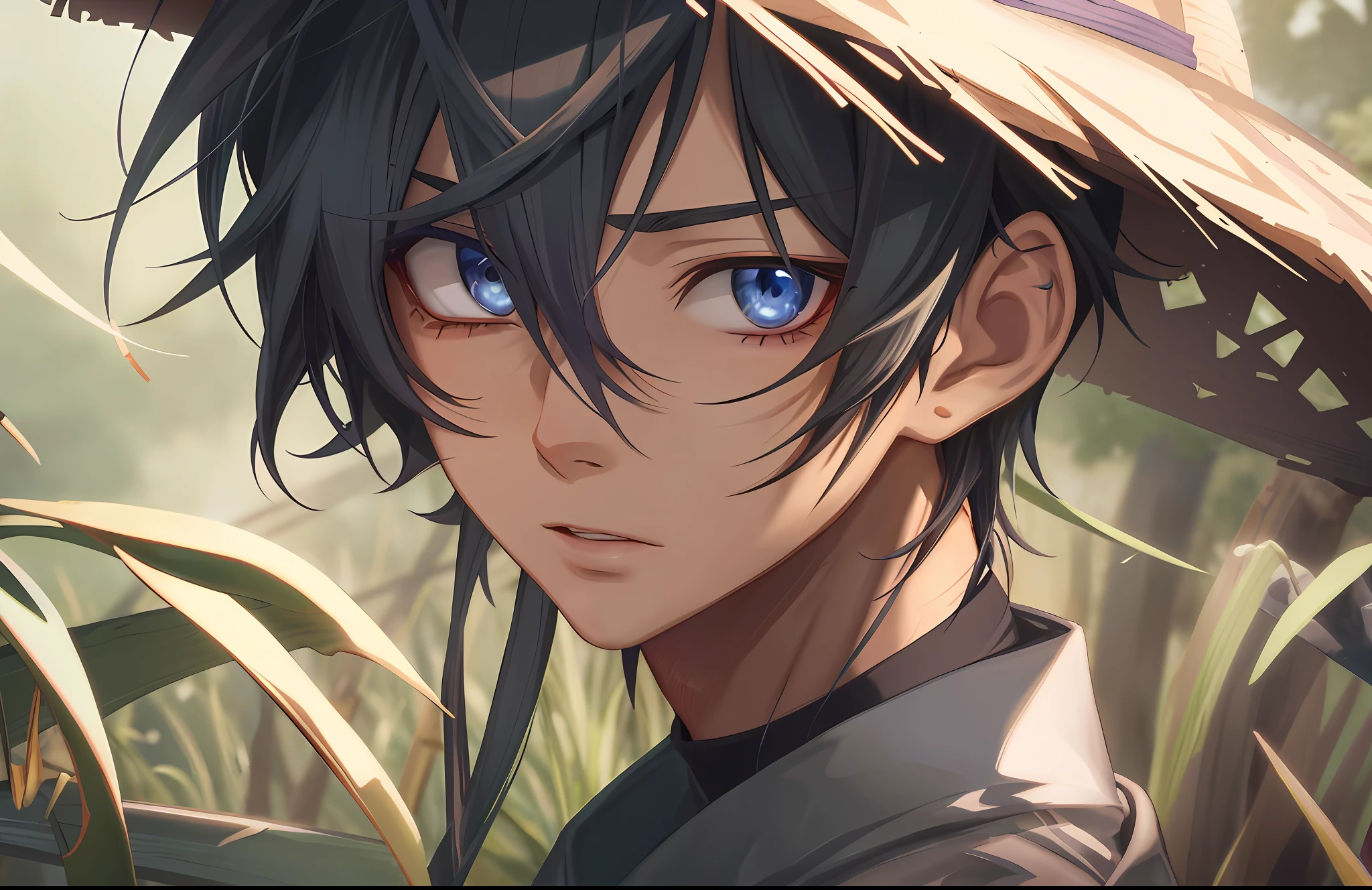 Anime characters with straw hats and blue eyes in the field, Detailed digital anime art, handsome guy in demon killer art, Anime boy, young anime man, Anime art wallpaper 4 K, Anime art wallpaper 4k, inspirado em Okumura Masanobu, Otaku Gangasta, anime moe art style, style of anime4 K, Kawasi, Stunning anime face portrait