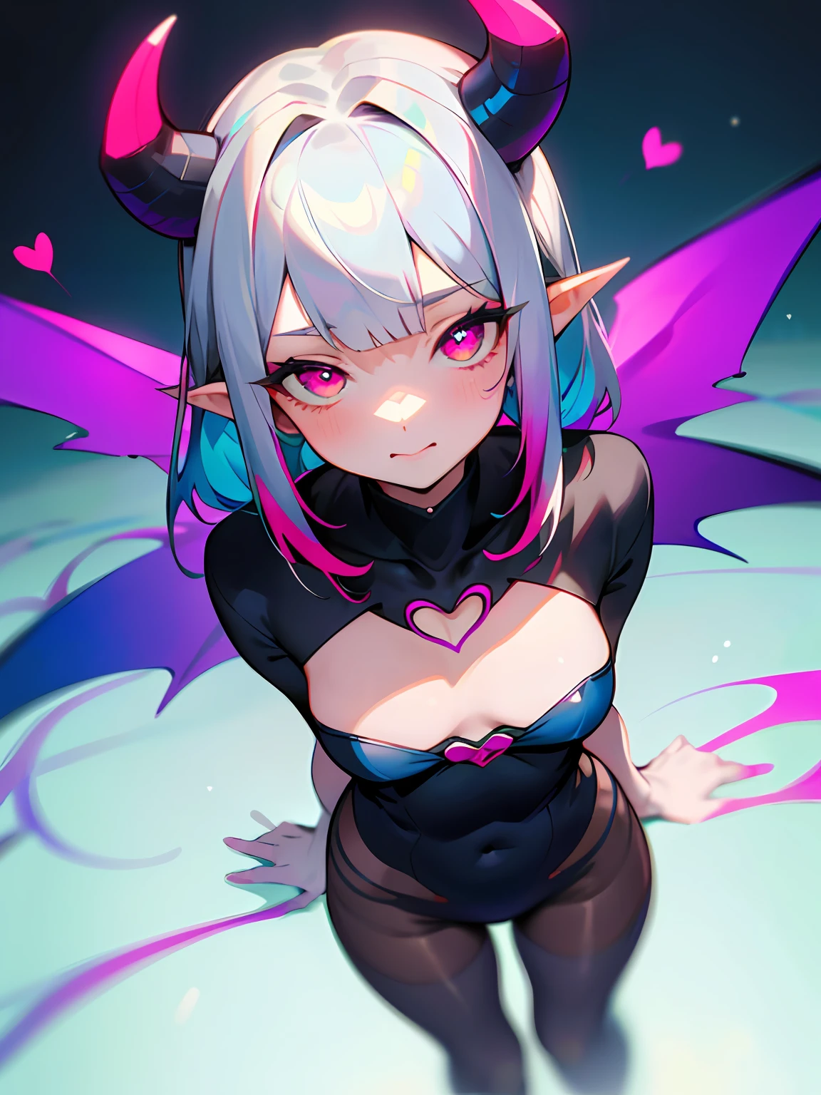 ((Masterpiece, Best quality)), 1girll, (Mature female:1.4), 130mm f1.4 lens, 1girll, Solo, Pointy ears, Heart-shaped pupils, microdress, From above, Demon Girl, Flat chest, Demon wings, Saturated, Colorful, multicolored hair, Silver hair, blue hair, Multicolored eyes