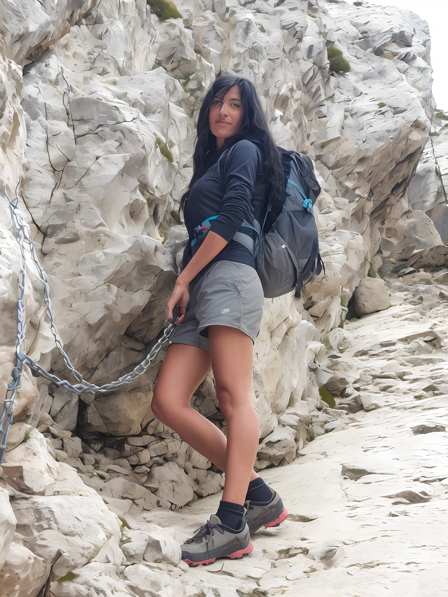 araffe woman with a backpack climbing up a rocky mountain, hiking clothes, white shorts and hiking boots, time to climb the mountain path, in mountains, in the dolomites, in the mountains, wearing adventuring gear, standing on rocky ground, with mountains in the background, girl of the alps, on a rock, wearing dirty travelling clothes