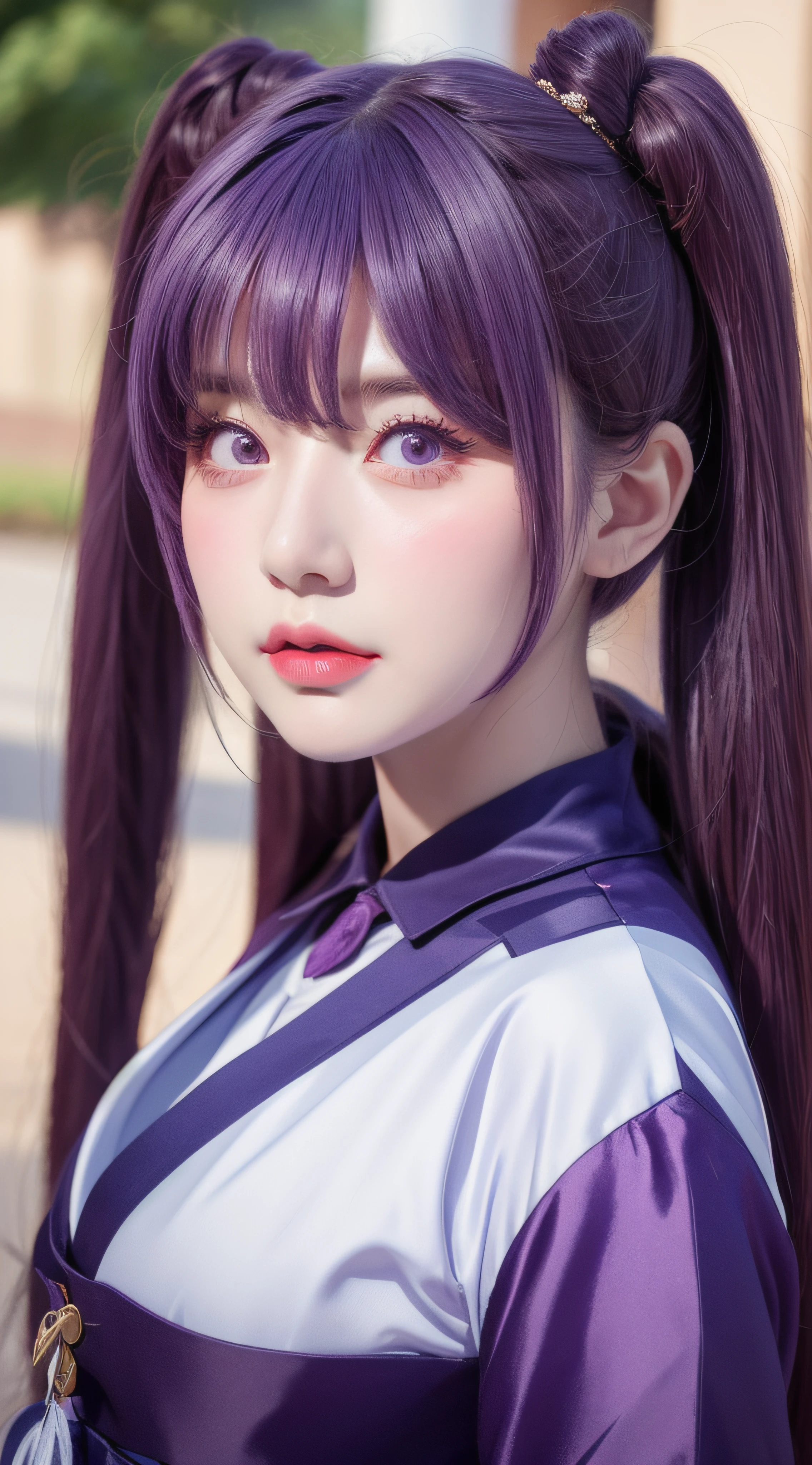 masterpiece, best quality, detailed, depth of field, ultra realistic, photorealistic, realistic face and eyes, realistic skin texture, cinematic lighting, ulzzang-6500,
 1girl, frown, keqing_\(genshin_impact\), purple_eyes, twintails, sharp eyes, cool face, filmg