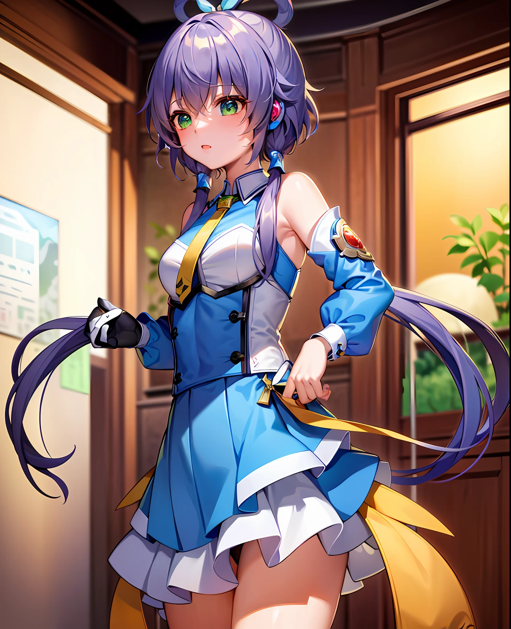 ((Masterpiece)), (((Best quality))), ((Extremely detailed)), Colorful, hdr, 1girll, Solo, Luo Tianyi (Kushki), (Gushki thighs:1.2),inside in room,rage