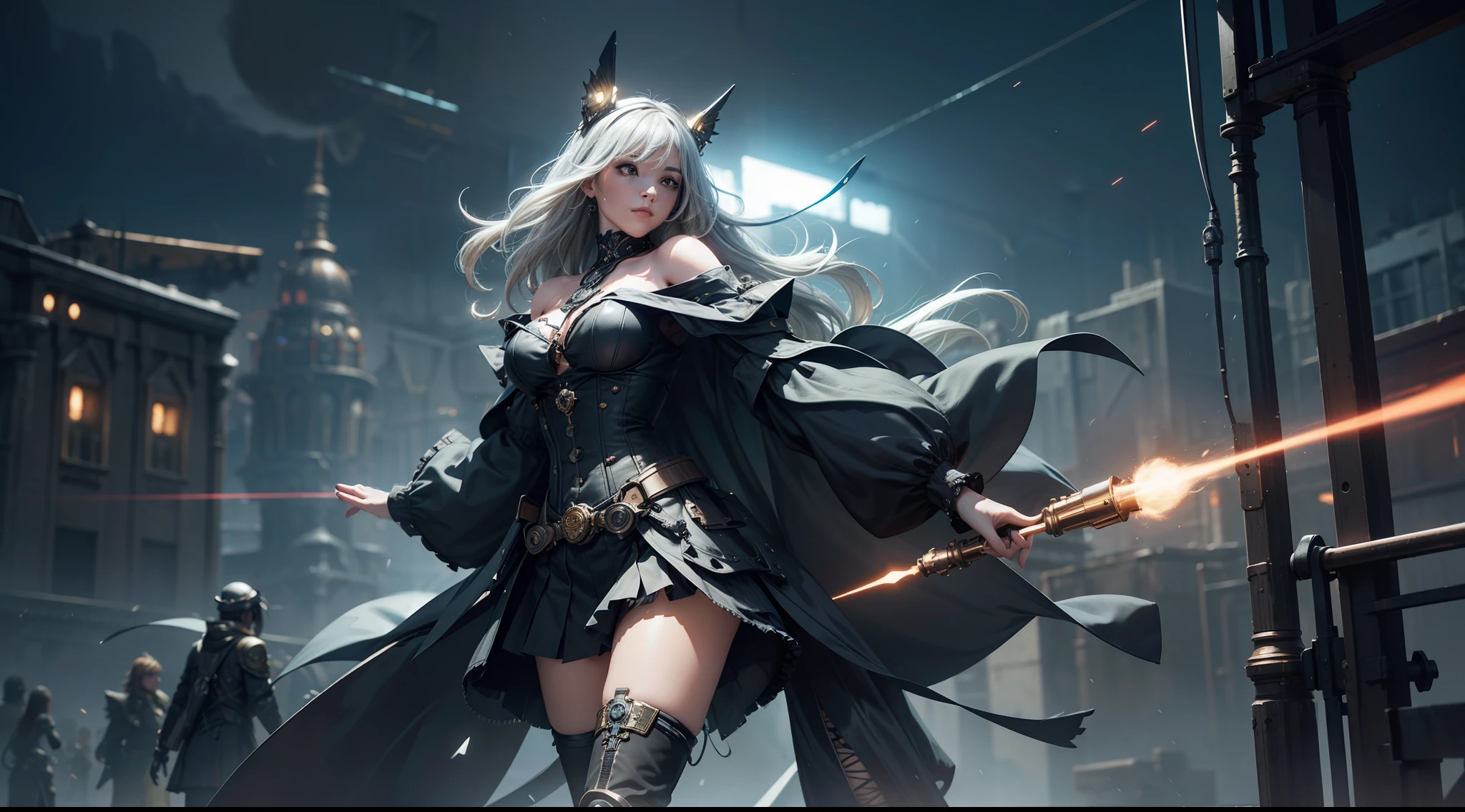 ((Best Quality)), (Masterpiece)), (Details:1.4), 3D, Android Girl, Mechanical Body, Skeleton Skin, Off-the-Shoulder Fashion That Fuses Detailed and Intricate Steampunk and Detailed Gothic ta, Has a Very Large Mechanical Weapon, Countless Glowing Large Spheres Flying Around Spinning, Lots of Sparks Crossing and Splashing, Magic-invoking poses, dynamic action poses, spinning and flying celestial bodies, countless neon lights raining down from the heavens, very thin long legs, over-the-knee mechanical boots, intricate steampunk headgear, fluttering lace flared miniskirts, off-the-shoulder fashion by fusing futuristic cyborgs with detailed and intricate steampunk and detailed gothic loliBeautiful little breasts pointing upwards, clean long silver hair, long vertical curly, wind driven, futuristic complex steampunk factory background, cinematic lighting, HDR (High Dynamic Range), ray tracing, NVIDIA RTX, super resolution, Unreal 5, subsurface scattering, PBR texturing, post-processing, anisotropic filtering, depth of field, Maximum clarity and sharpness, multi-layer textures, albedo and specular maps, surface shading, accurate simulation light material interaction, perfect proportions, octane rendering, two-tone lighting, wide aperture, low ISO, white balance, rule of thirds, 8K RAW,