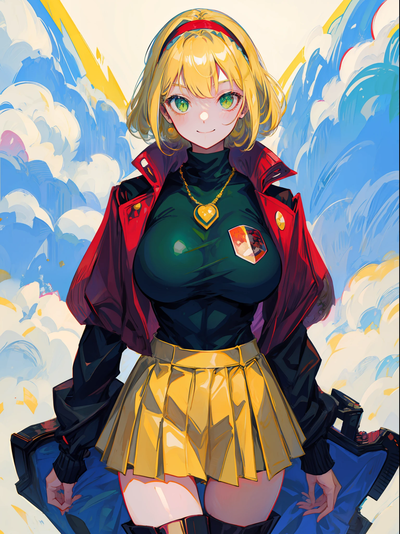 Huge perfect breasts excellent round fully reinforced、Perfectly placed and detailed parts、Do not show skin、Perfect physique、Super Giant Giant Bust Lady、Red combat suit、a miniskirt、Red spats、Black long boots、Yellow round brooch on the chest4pieces、Yellow muffler fluttering in the wind、Green eyes、Short-cut blonde hair、Hair curls outward、、red hairband、Smile softly、retro-futuristic、Manga、the wind、scientific fiction、
