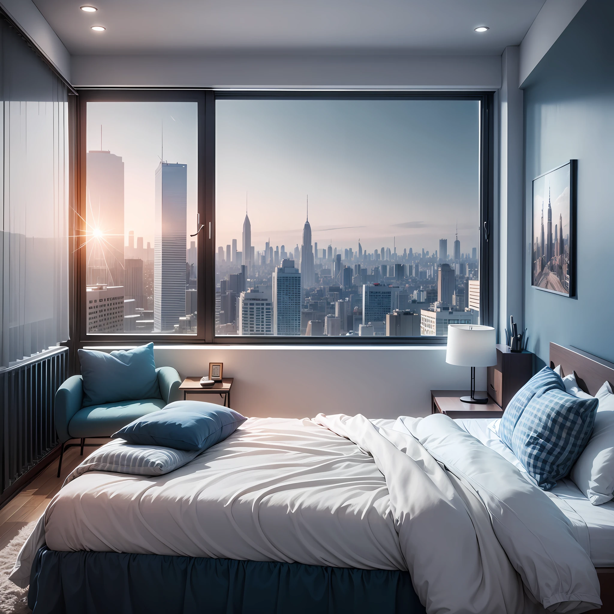 male bedroom minimalist style with a touch of dark blue, double bed, study table, window with photorealistic city view --auto --s2
