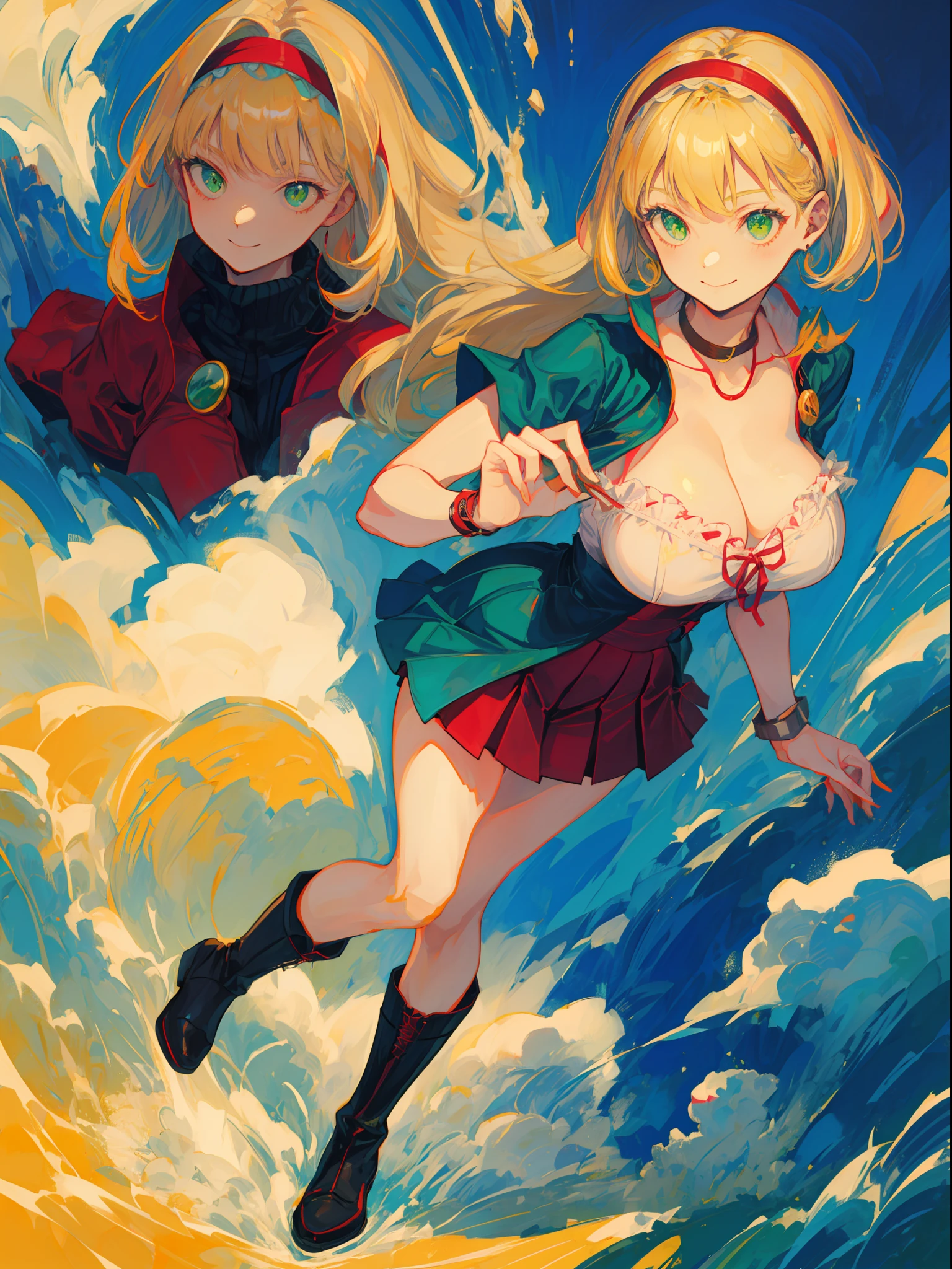 Huge perfect breasts excellent round fully reinforced、Perfectly placed and detailed parts、Do not show skin、Perfect physique、Super Giant Giant Bust Lady、Red combat suit、a miniskirt、Red spats、Black long boots、Yellow round brooch on the chest4pieces、Yellow muffler fluttering in the wind、Green eyes、Short-cut blonde hair、Hair curls outward、、red hairband、Smile softly、retro-futuristic、Manga、the wind、scientific fiction、