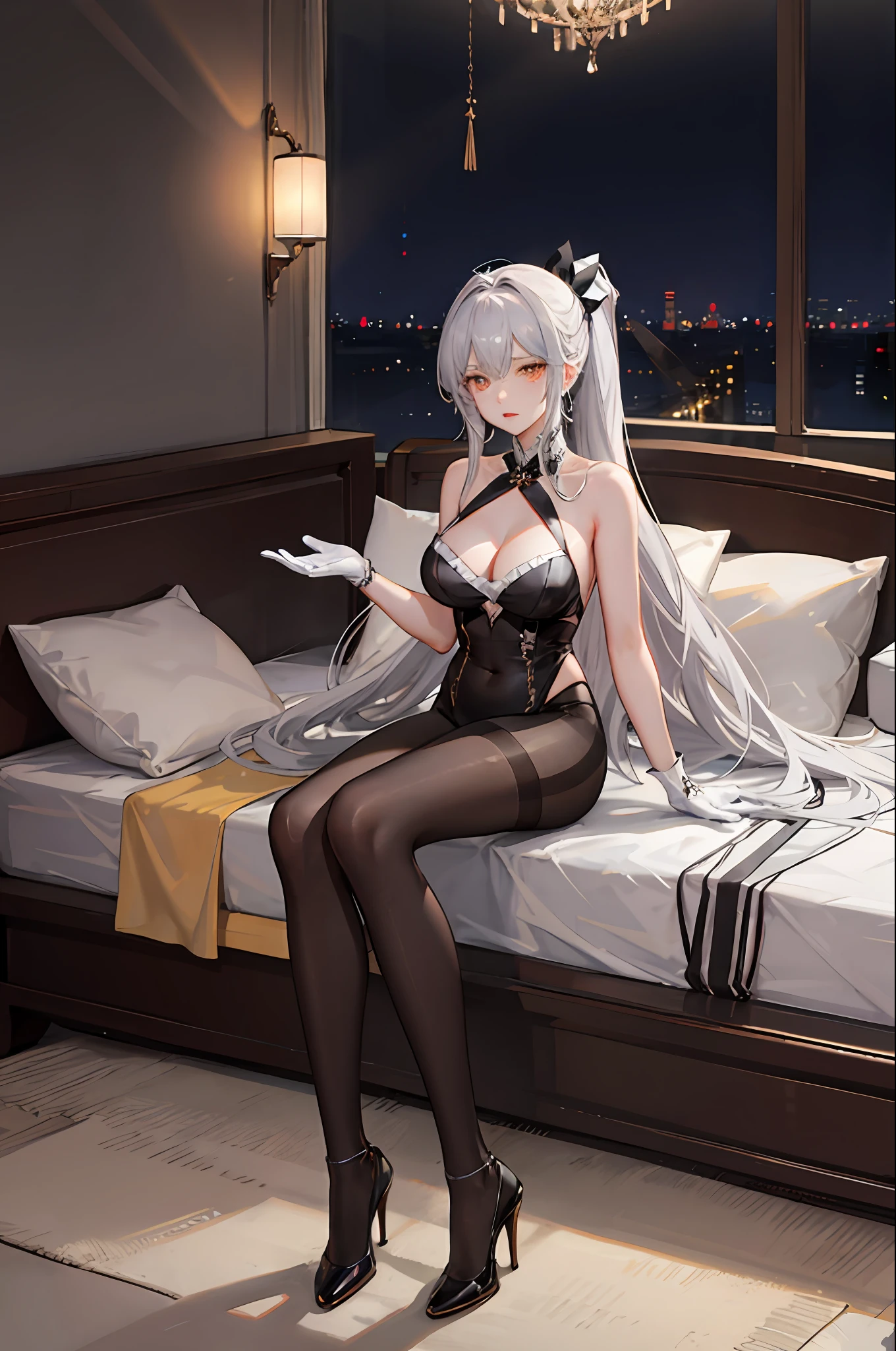 （（（1个Giant Breast Girl）），Ray traching，（dim murky lights），[detailedbackground（Bedrooms）），（（Silvery hair）），（（Silvery hair）），（（（（（Fluffy silver hair，plump and slender girl））Wears a high ponytail）））Avoid golden eyes in the ominous bedroom（（（（Girl wearing intricately embroidered black high-waisted pants，Pantyhose and extra high heels）There are also white ruffled bow gloves），It shows a delicate and slender figure and beautiful curves，Correct limbs，sit on a bed，Split legs