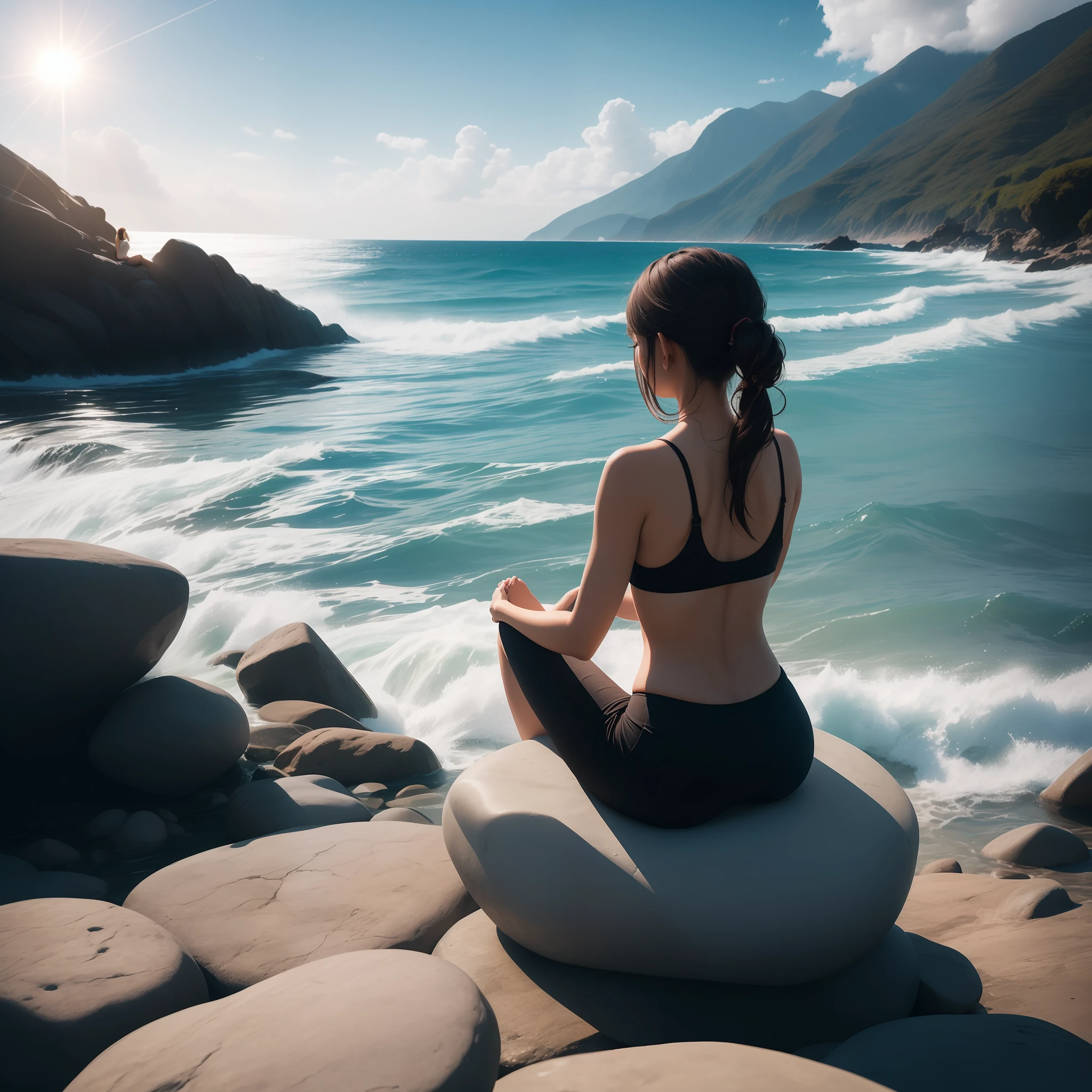 Girl meditating, sitting on the stone, sits with its back, ocean, waves, Splashing water, clean sky, Cinematography, Dynamic, Epicness, sunlight rays, glares