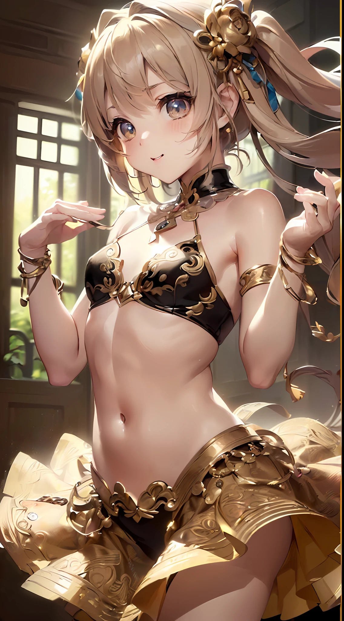 「(8k wallpaper:1.5)、(high-level image quality:1.3)、(animesque, illustratio:1.5)、(femele、kawaii:1.8)、(beatiful detailed eyes:1.3)、(Chest circumference small:1.34)、(A slight smil:1.1)、(dancer:1.5)、(dance:1.3)、(sepia, gradients:1.5)」