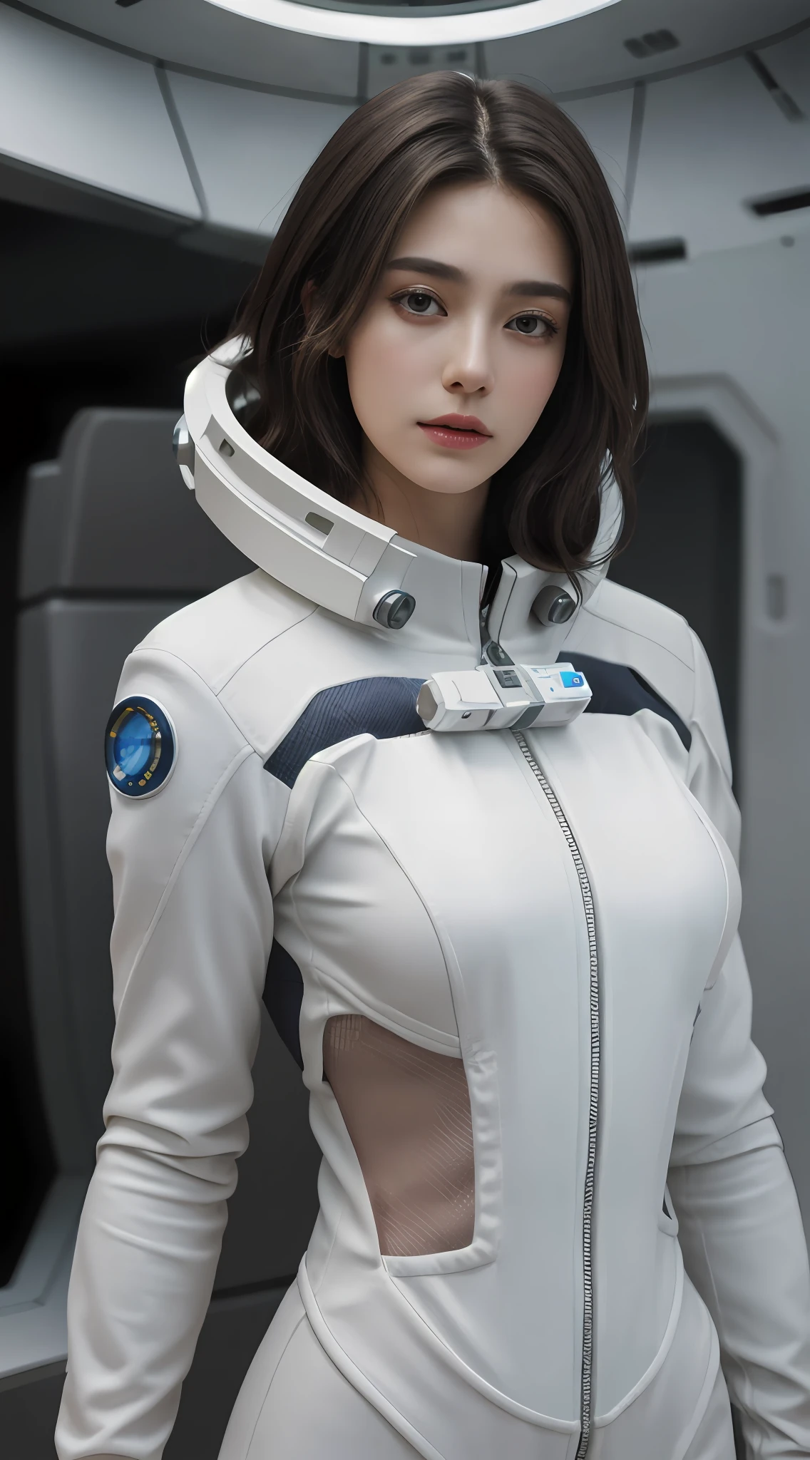 Portrait photography of gorgeous brunette wearing open buttonless white spacesuit,,standing inside spaceship,Attractive,flirt,looking at viewert,Detailed skins,highly detailed,diffused soft lighting,ultra-realistic realism,cinmatic lighting